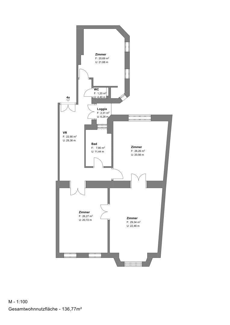 Grundriss einer Wohnung mit mehreren Zimmern, Bad, WC und einer Loggia.