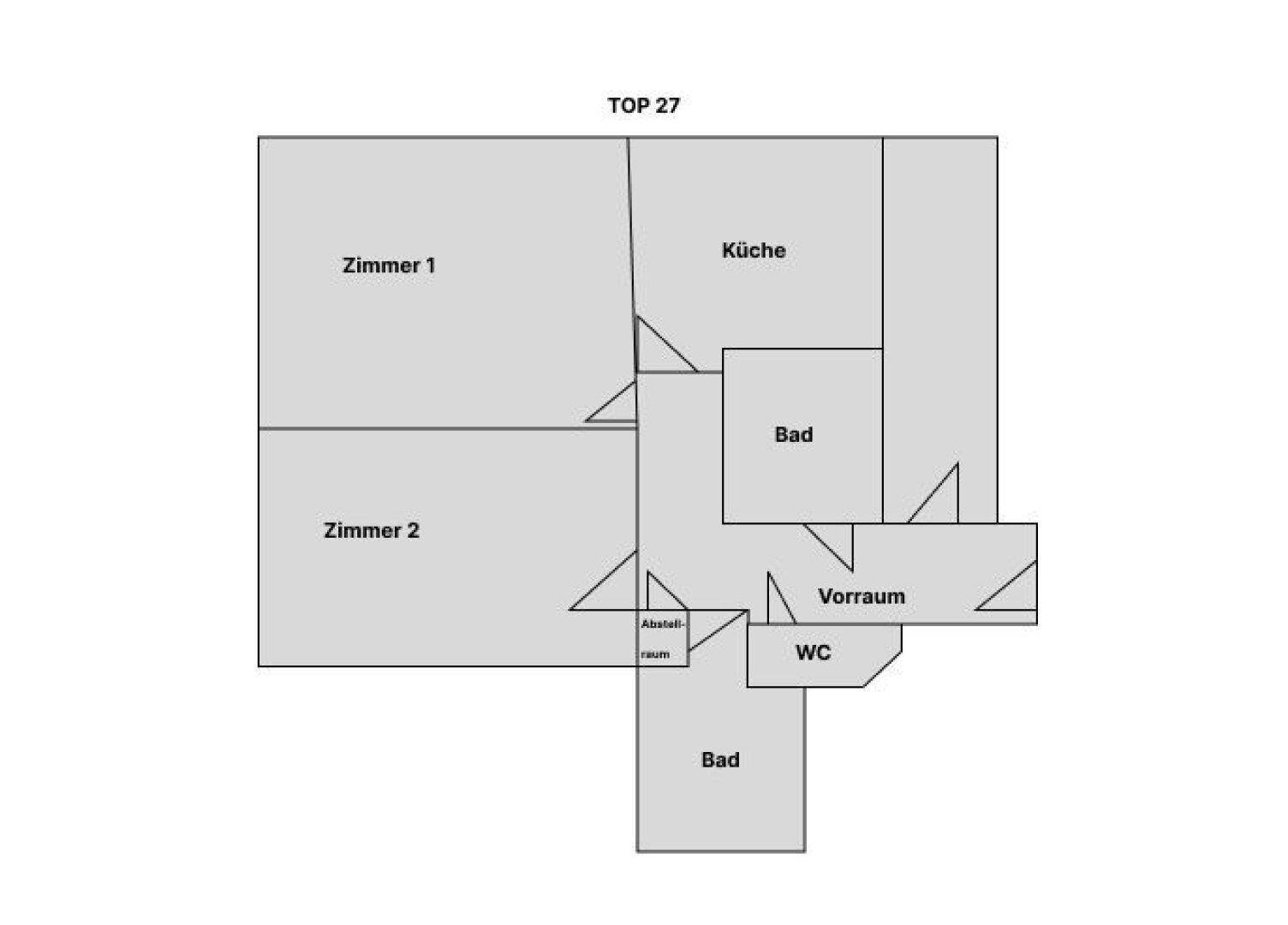 Grundriss der Wohneinheit TOP 27 mit zwei Zimmern, Küche, zwei Bädern und separatem WC.