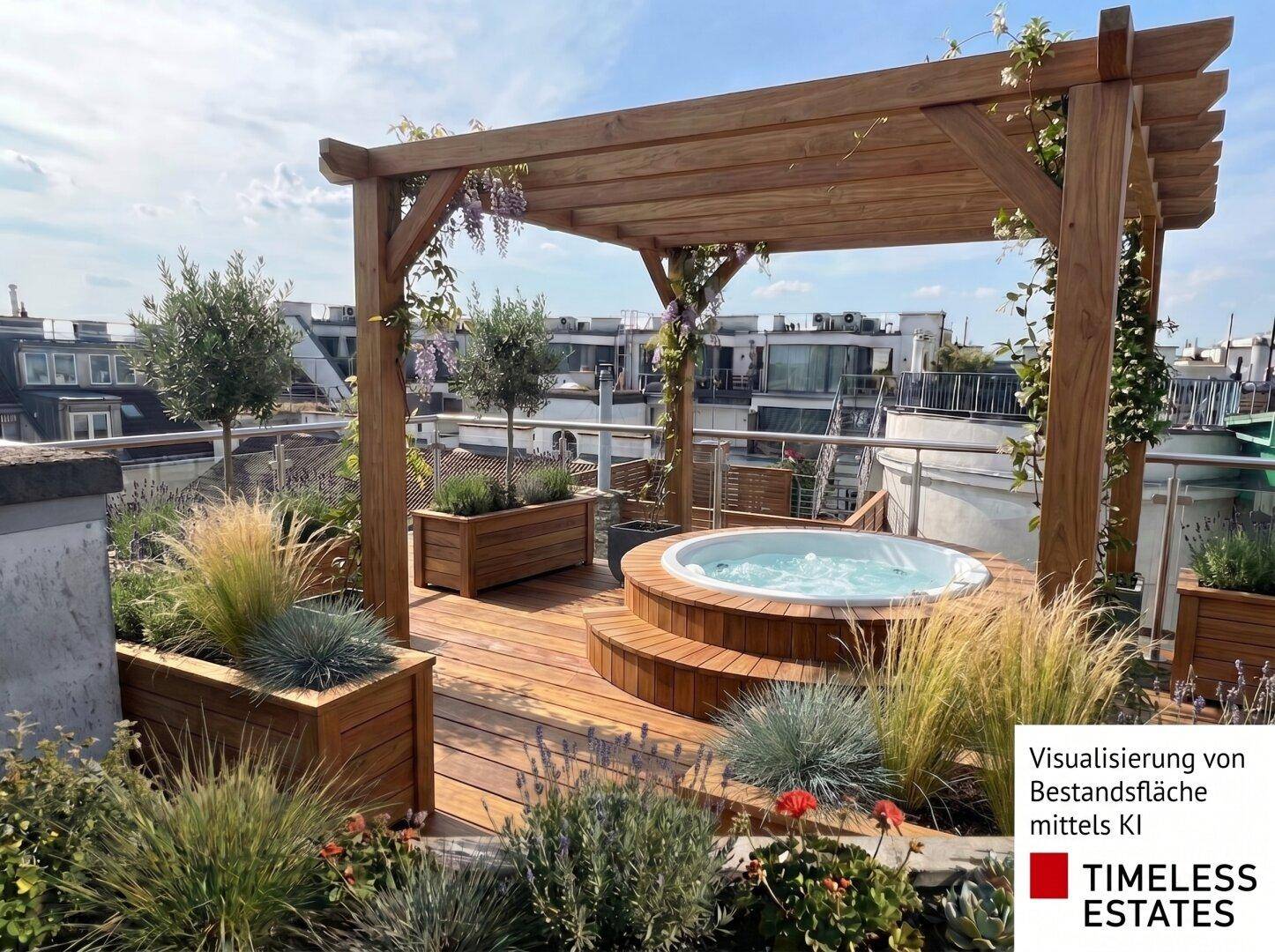 Exklusive Dachterrasse mit Whirlpool, Holzpergola und mediterraner Bepflanzung, perfekt für luxuriöse Entspannung.
