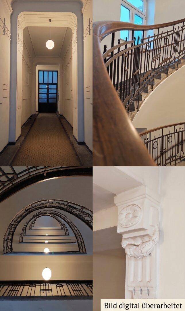 Historischer Eingangsbereich mit elegantem Treppenhaus, kunstvollen Geländern und Stuckdetails.