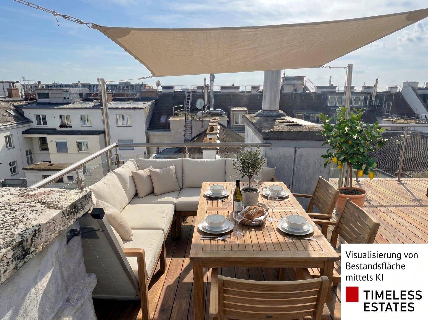 Geräumige Dachterrasse mit Essbereich, Sonnensegel und Blick auf die umliegende Stadtlandschaft.