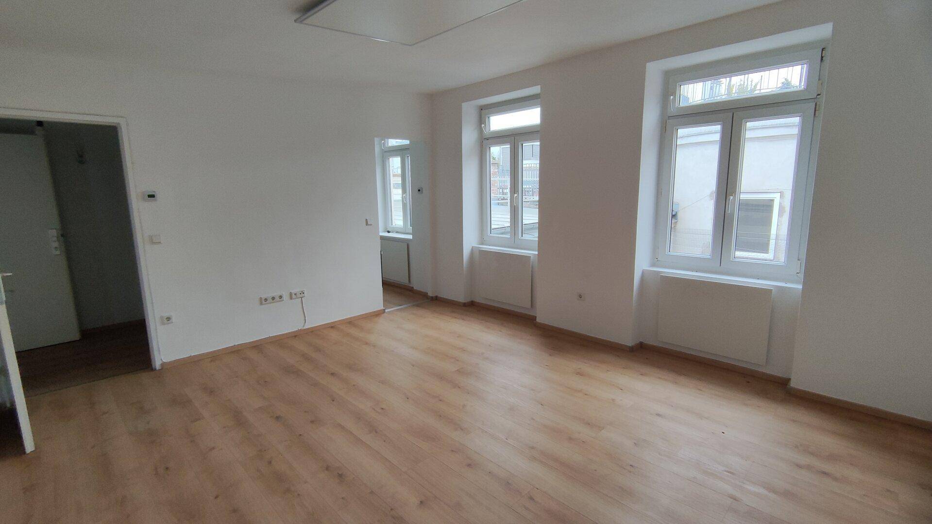 Geräumiges, helles Zimmer mit Laminatboden und weißen Wänden, ideal für Wohnzwecke.