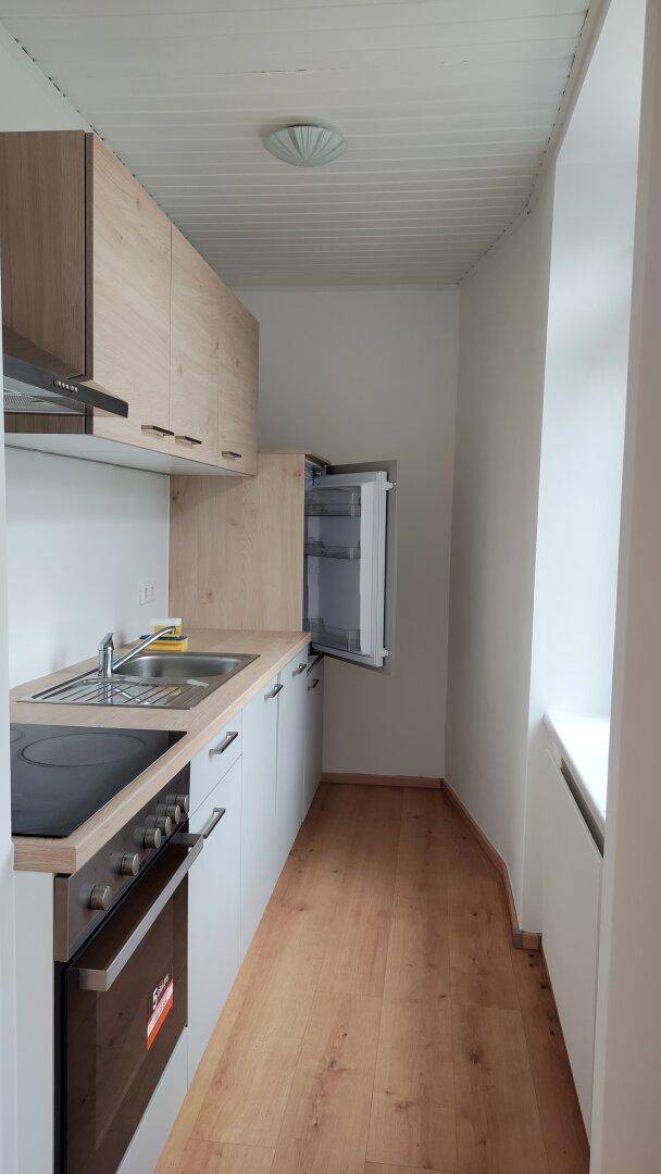 Schmale Küche mit hellen Holzschränken, integrierten Geräten und Laminatboden.