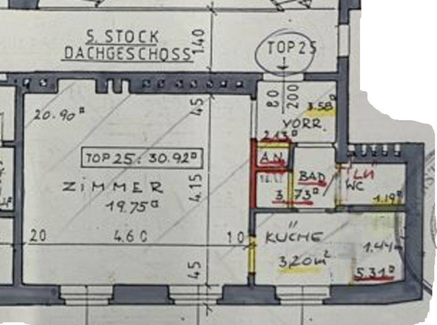 Detaillierter Grundriss des Dachgeschosses mit Zimmern, Bad und Küche, inklusive Flächenangaben.