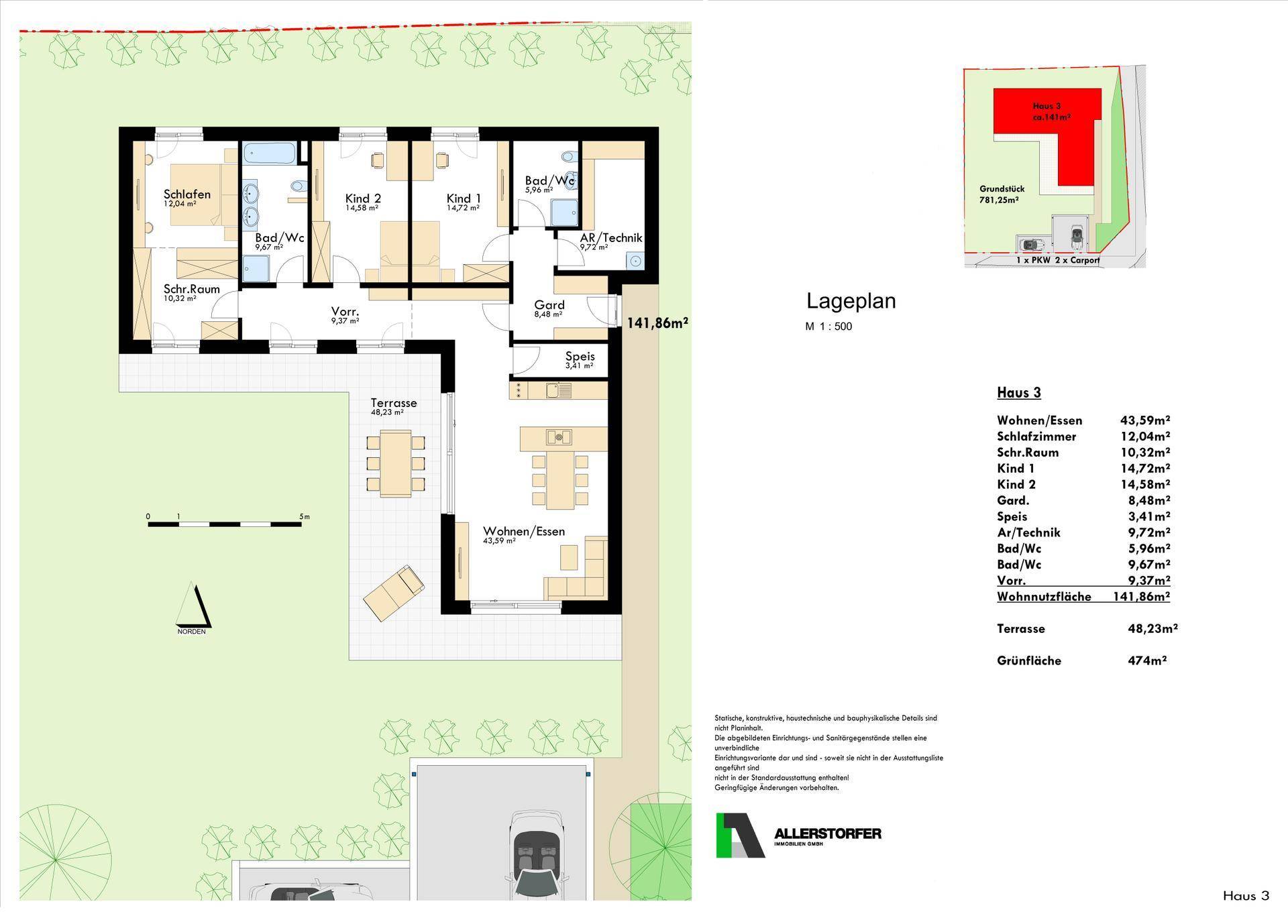 Detaillierter Grundriss von Haus 3 mit Raumaufteilung, Terrasse und Carport.