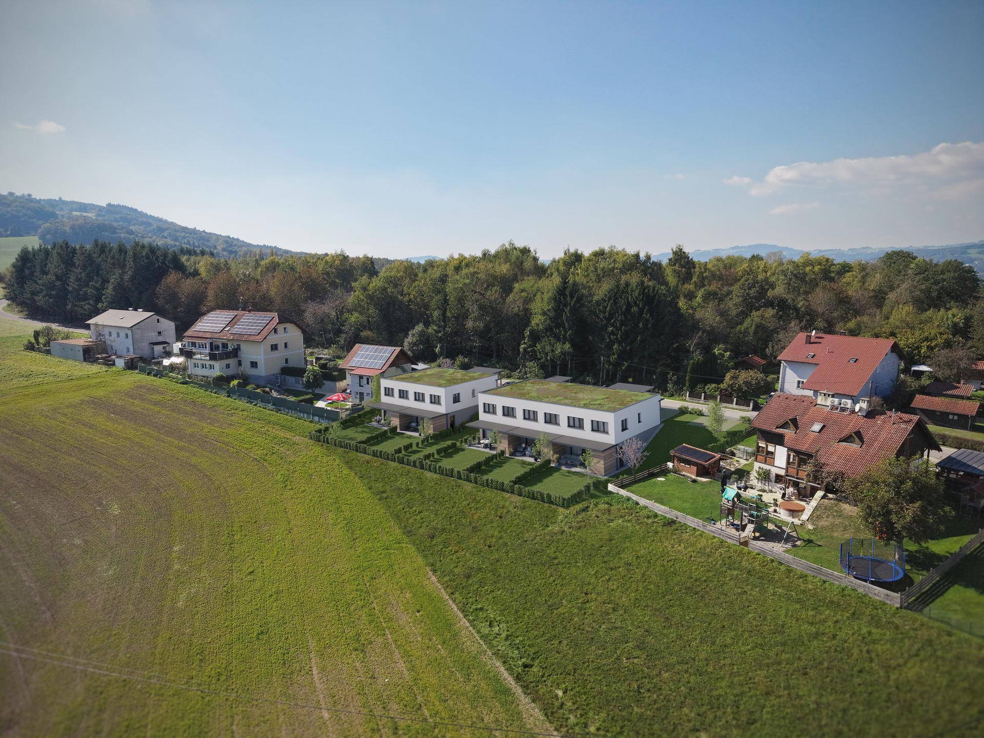 Luftaufnahme der neuen Reihenhäuser mit Gründächern in ländlicher Umgebung.