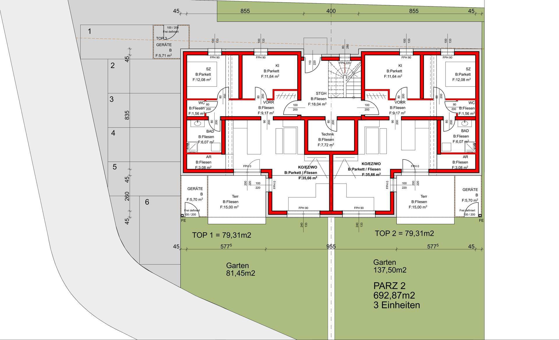 Grundrissplan für zwei Wohneinheiten mit Gartenanteil, Balkon und klarer Raumaufteilung.