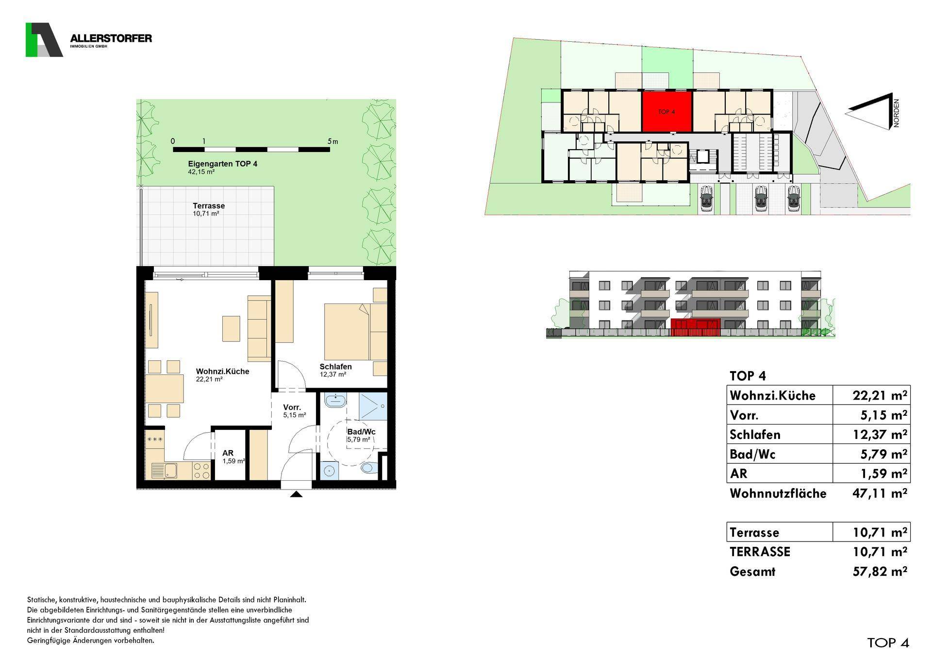 Detaillierter Grundriss der Wohnung TOP 4 mit Wohnzimmer, Schlafzimmer und Terrasse.