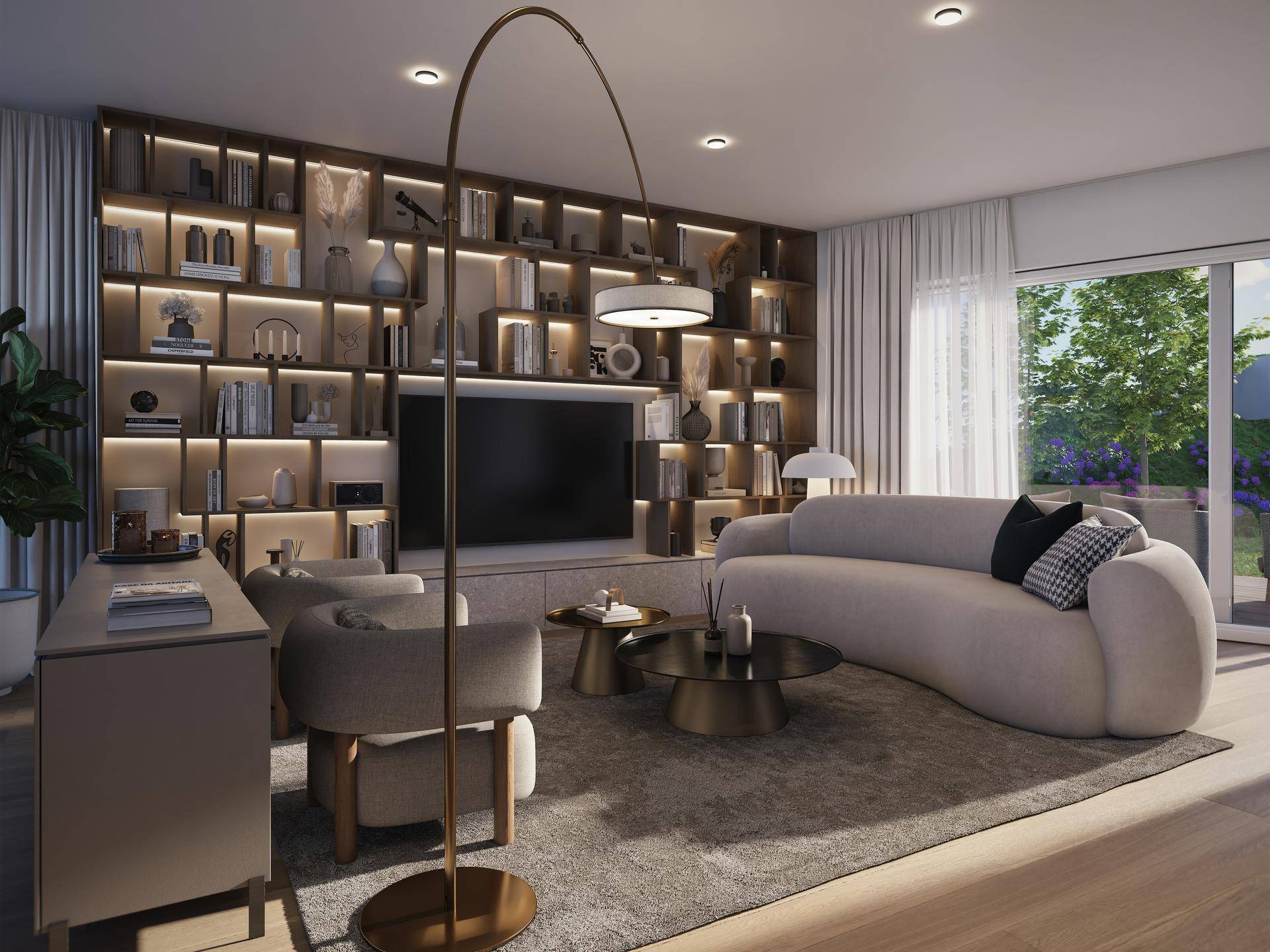 Gemütliches Wohnzimmer mit großem Bücherregal, bequemen Sofas und Zugang zum Garten.