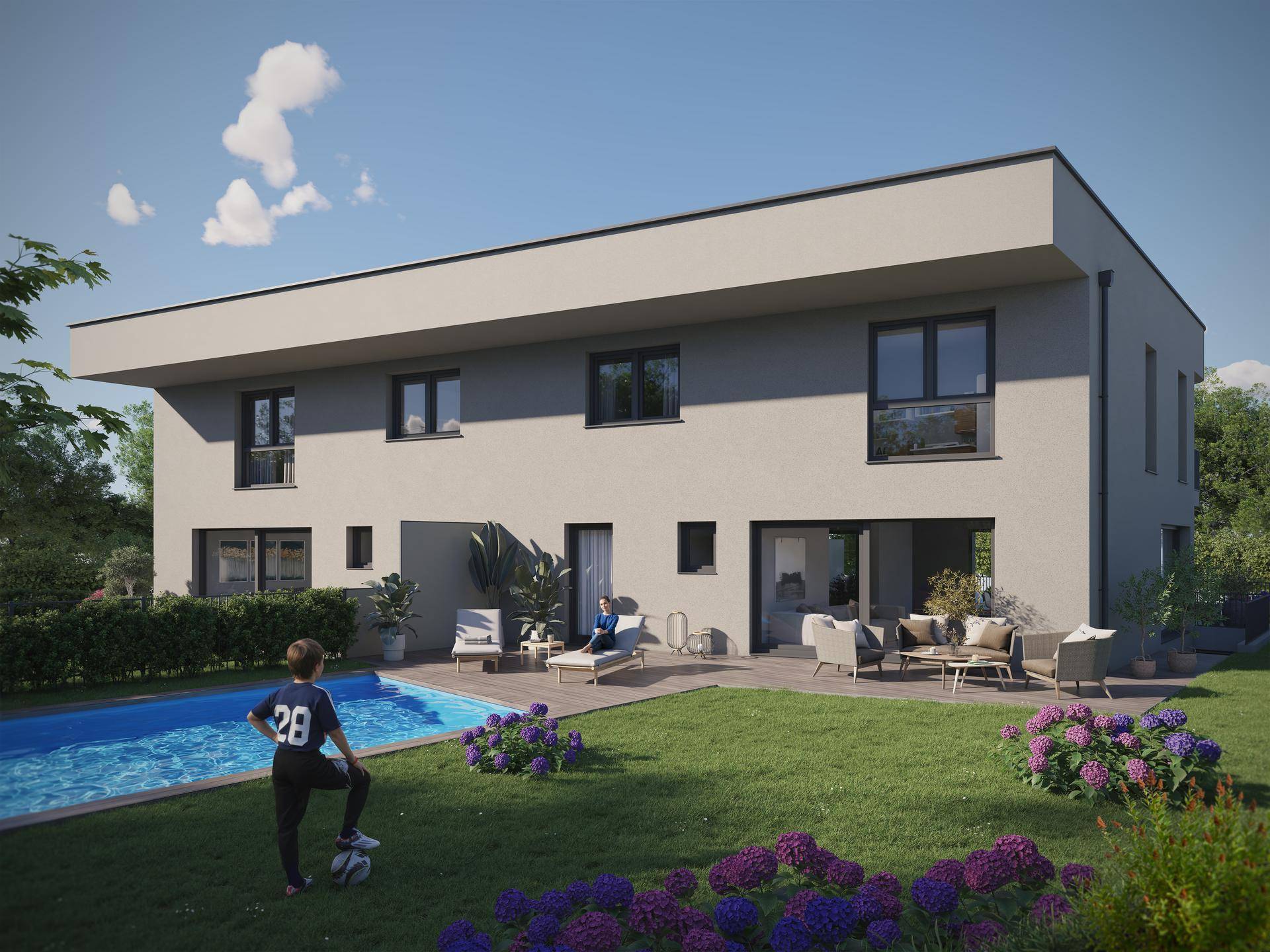 Modernes Haus mit privatem Pool, großer Rasenfläche und Terrasse für entspannte Stunden im Freien.