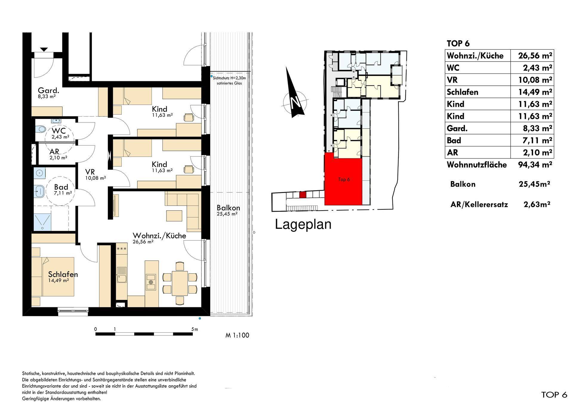 Detaillierter Grundriss einer Wohnung mit drei Schlafzimmern, Balkon und separatem WC.
