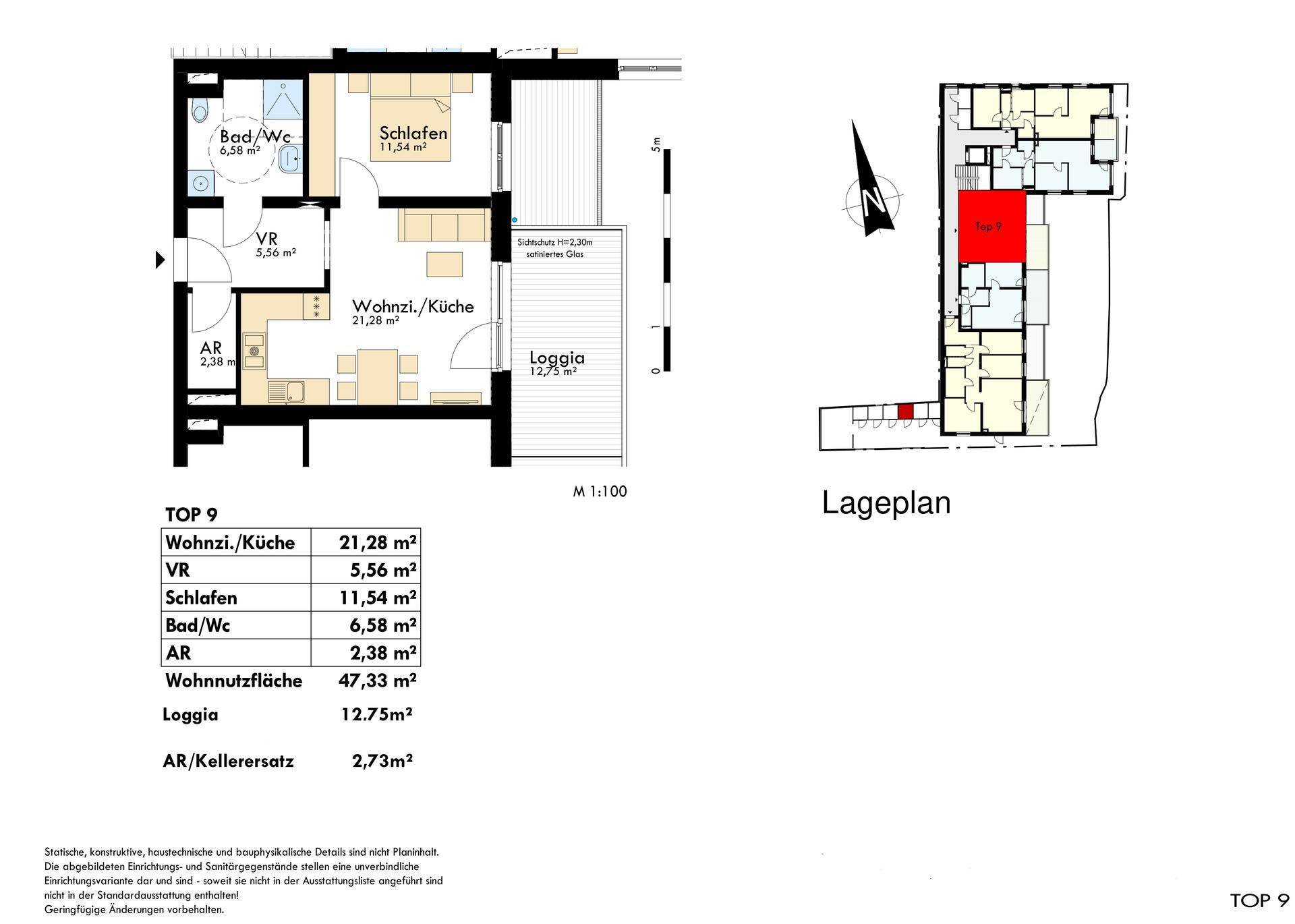 Grundriss der Wohnung TOP 9 mit offener Wohnküche, Schlafzimmer, Bad und Loggia.
