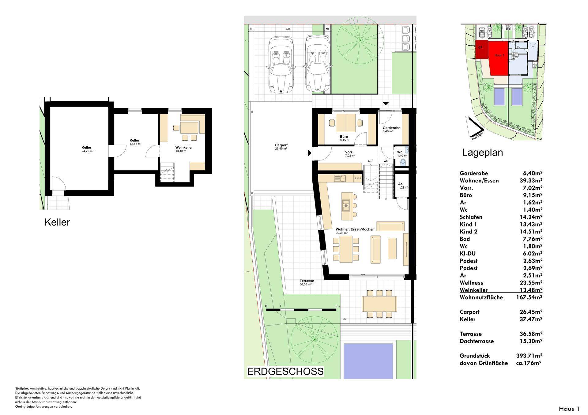 Detaillierter Grundriss des Kellers und Erdgeschosses mit Lageplan und Flächenangaben.