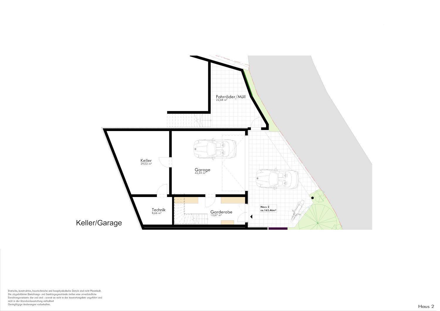 Grundriss des Keller- und Garagenbereichs mit Abstellräumen und Technikraum.