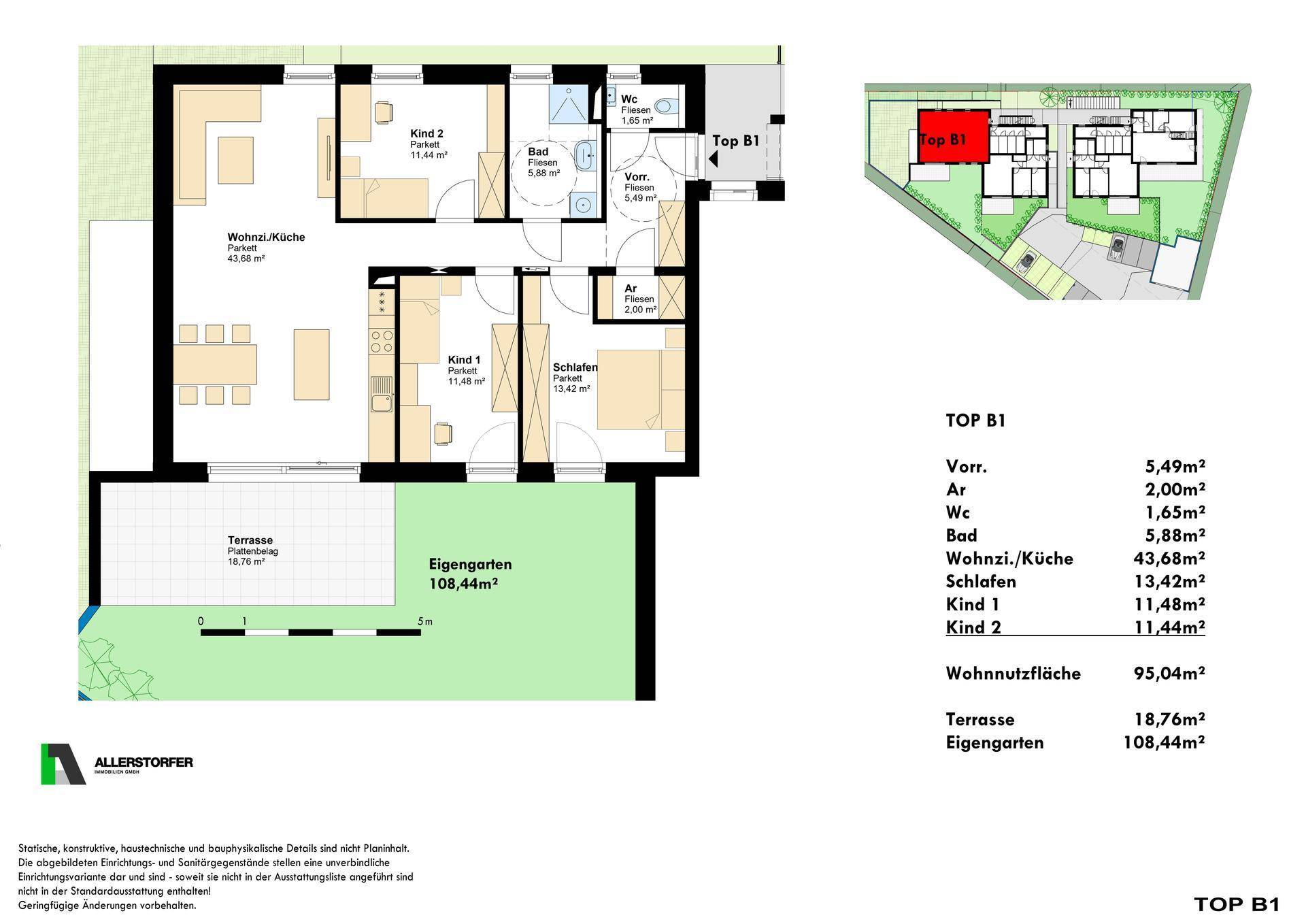 Detaillierter Grundriss einer Wohnung mit Wohnküche, zwei Schlafzimmern, Terrasse und Eigengarten.