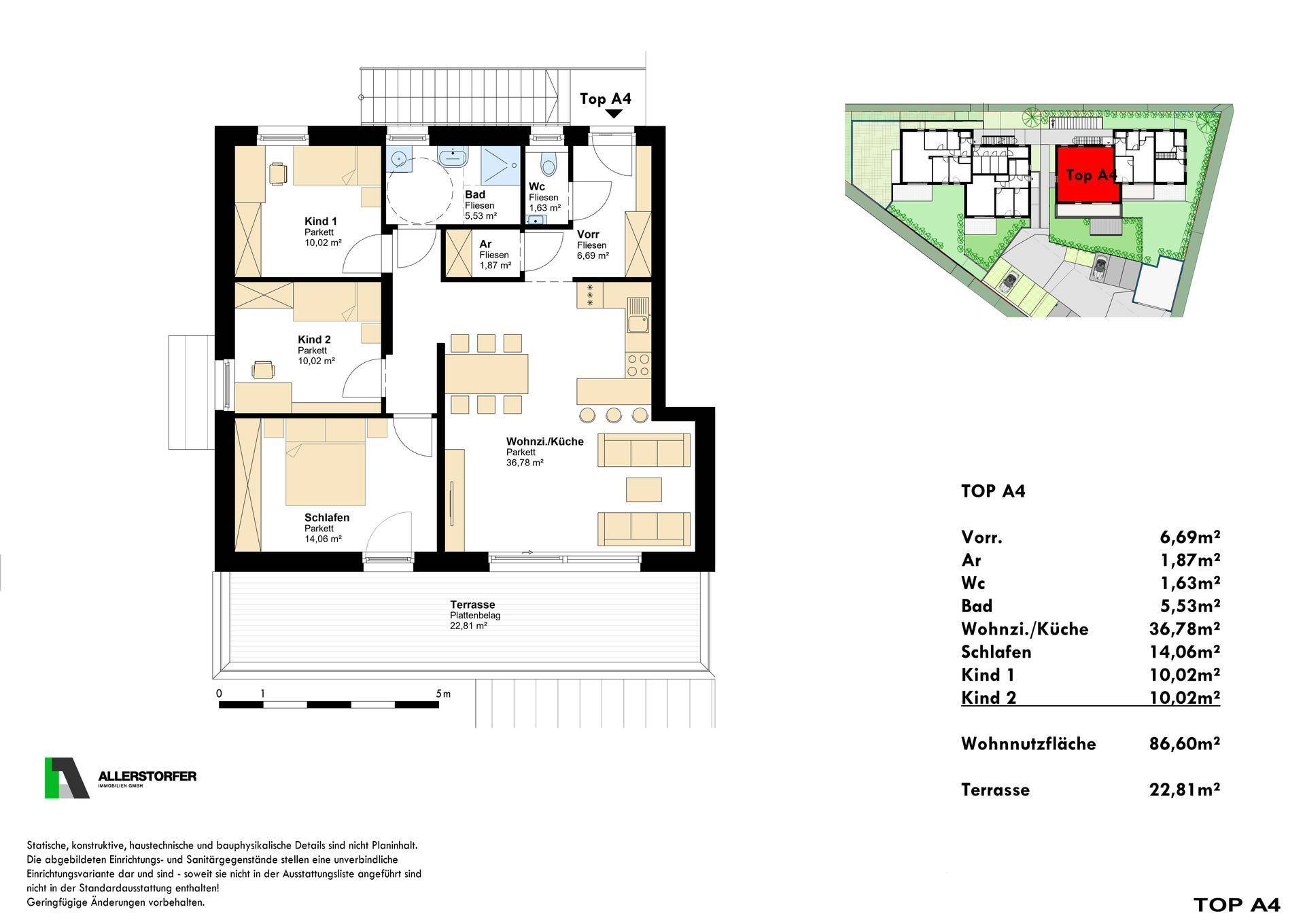 Detaillierter Grundriss einer Wohnung mit drei Zimmern, offener Küche und großer Terrasse.