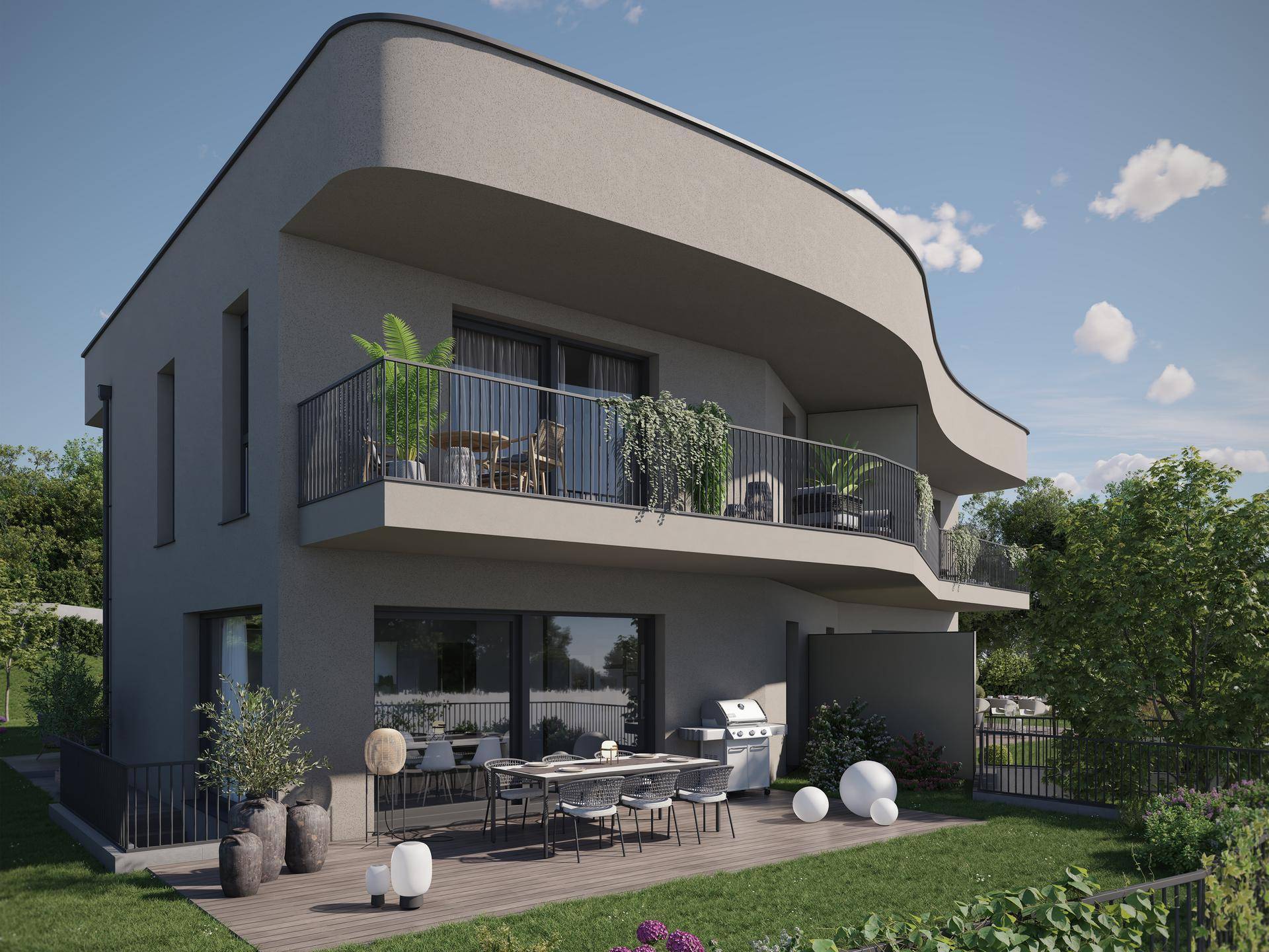 Modernes Gebäude mit geschwungenen Balkonen und einer Terrasse, ausgestattet mit Grill und Essbereich.