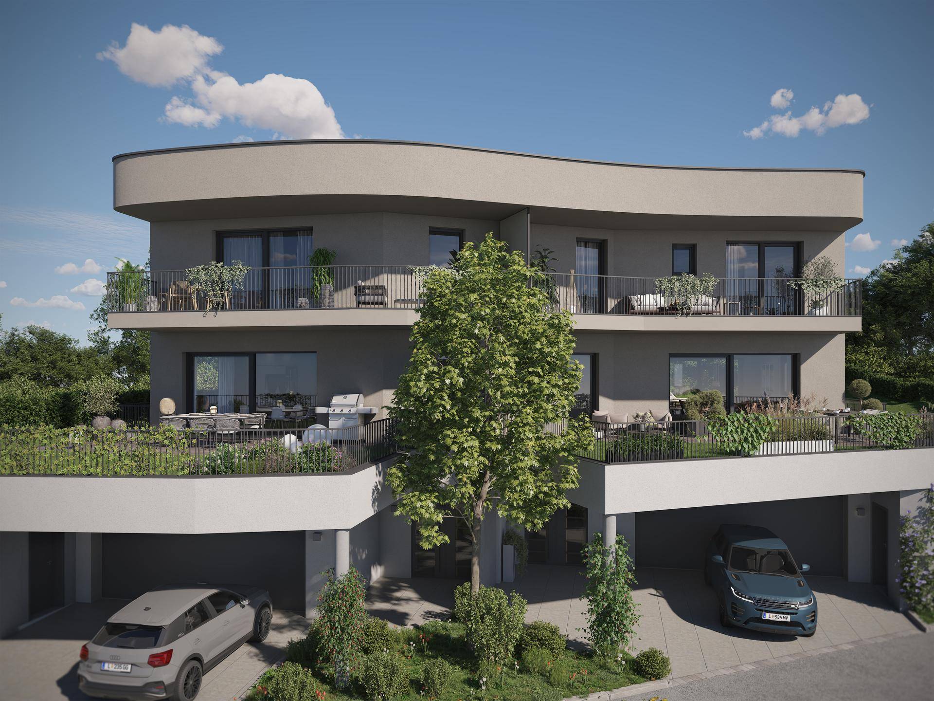 Ansicht einer modernen Wohnanlage mit geschwungenen Balkonen und integrierten Garagenzugängen.