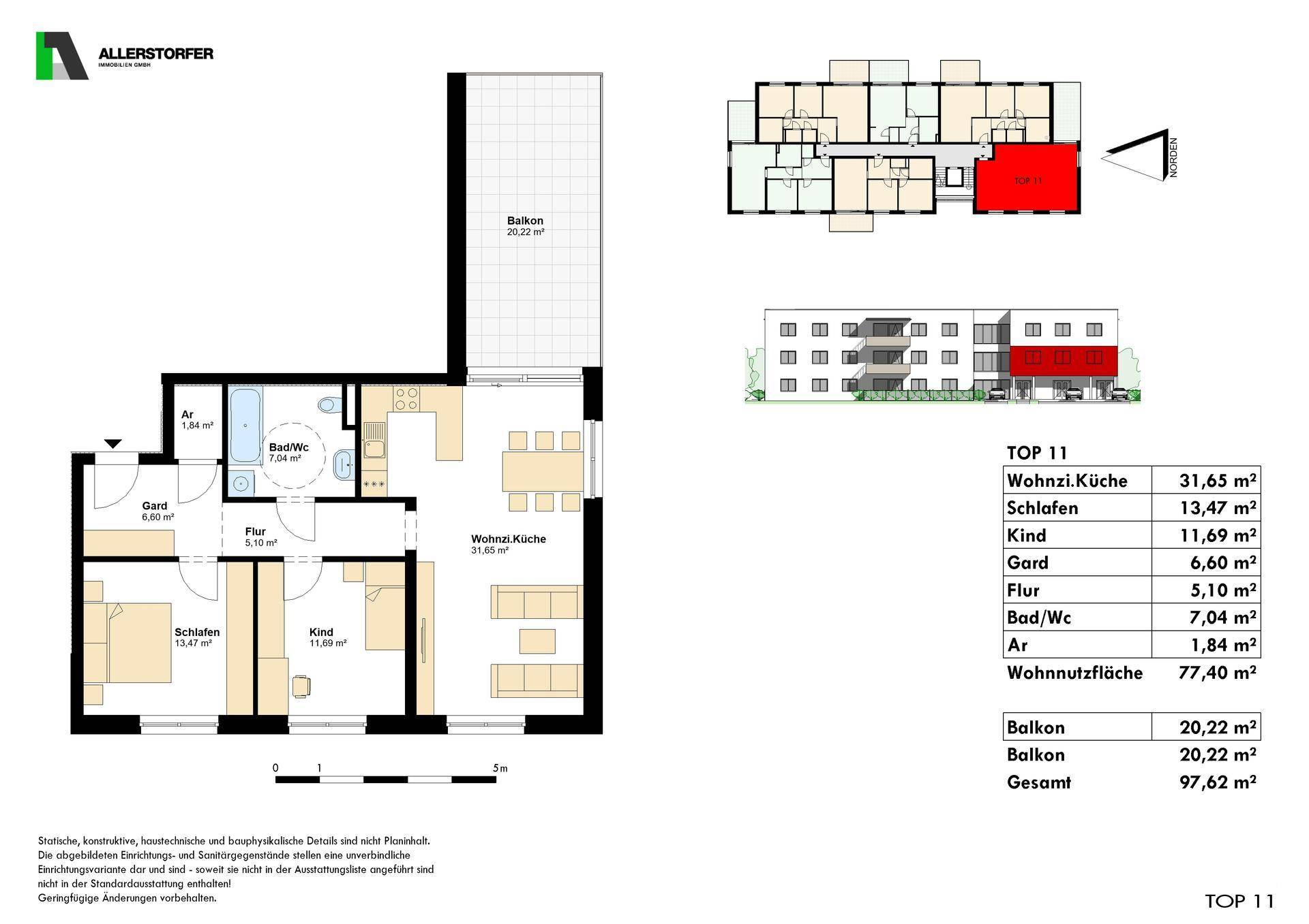Grundriss der Wohnung TOP 11 mit drei Schlafzimmern, offenem Wohnbereich und Balkon.