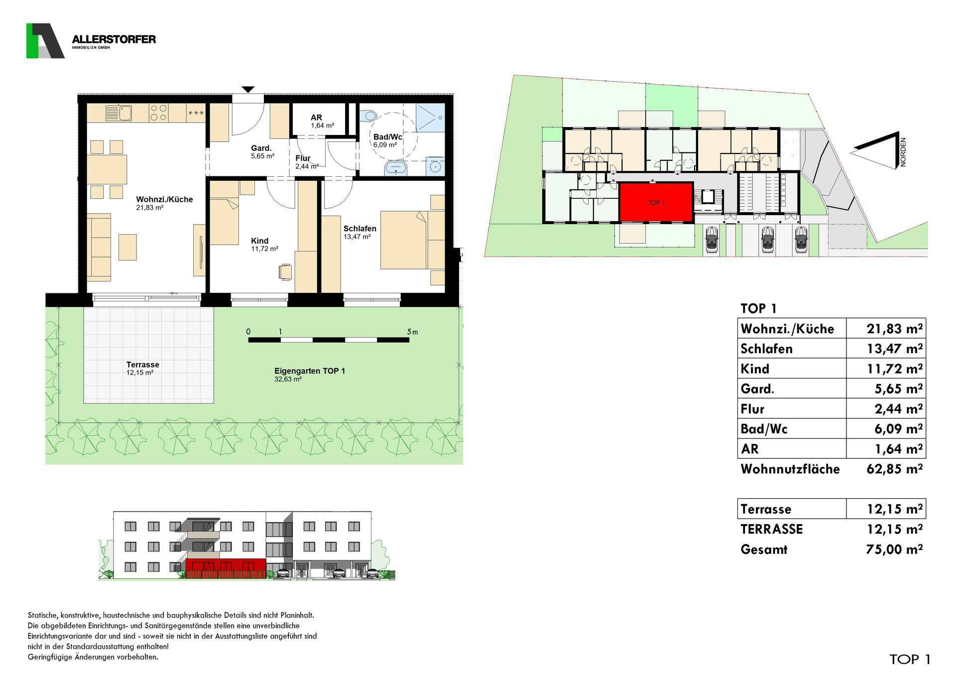 Detaillierter Grundriss einer Wohnung mit Terrasse, Garten und klar definierten Wohnbereichen.