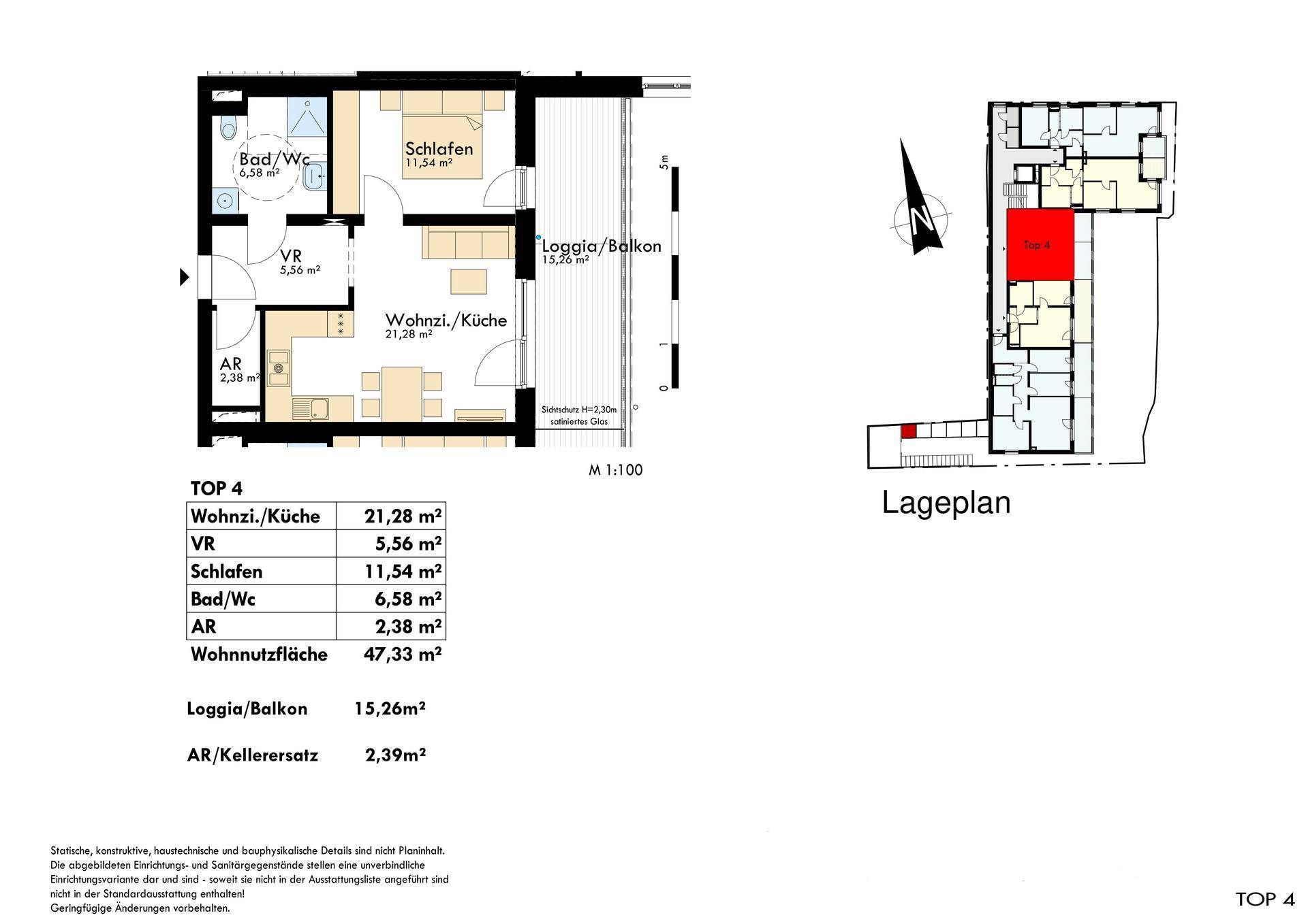 Detaillierter Grundriss der Wohnung TOP 4 mit Wohnküche, Schlafzimmer und Loggia/Balkon.