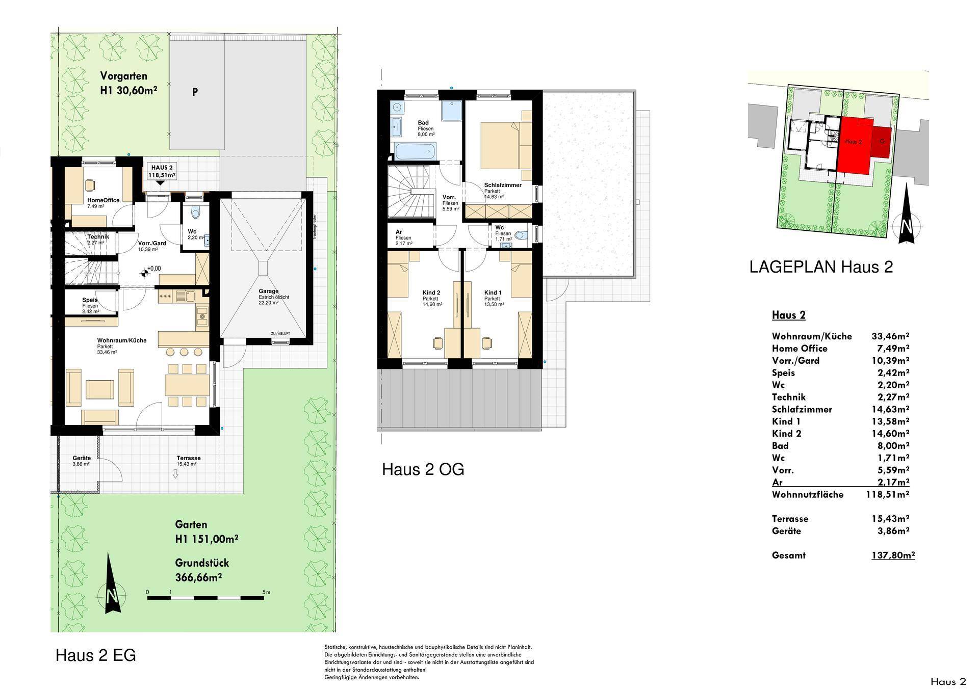 Grundriss von Haus 2 mit Erdgeschoss und Obergeschoss, inklusive Garten und Terrasse.