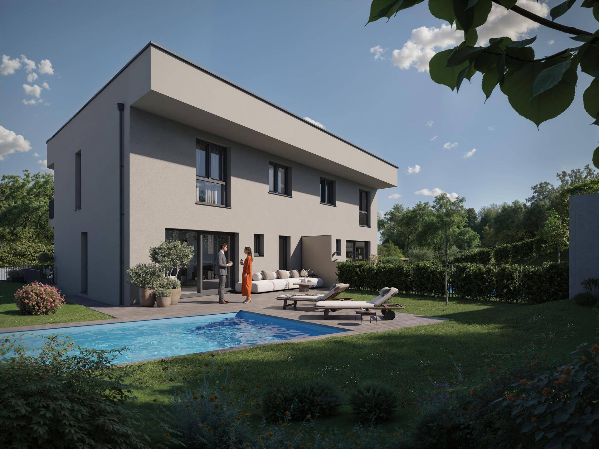 Zeitgenössisches Haus mit privatem Pool und gepflegtem Garten, ideal für sonnige Tage und Entspannung.