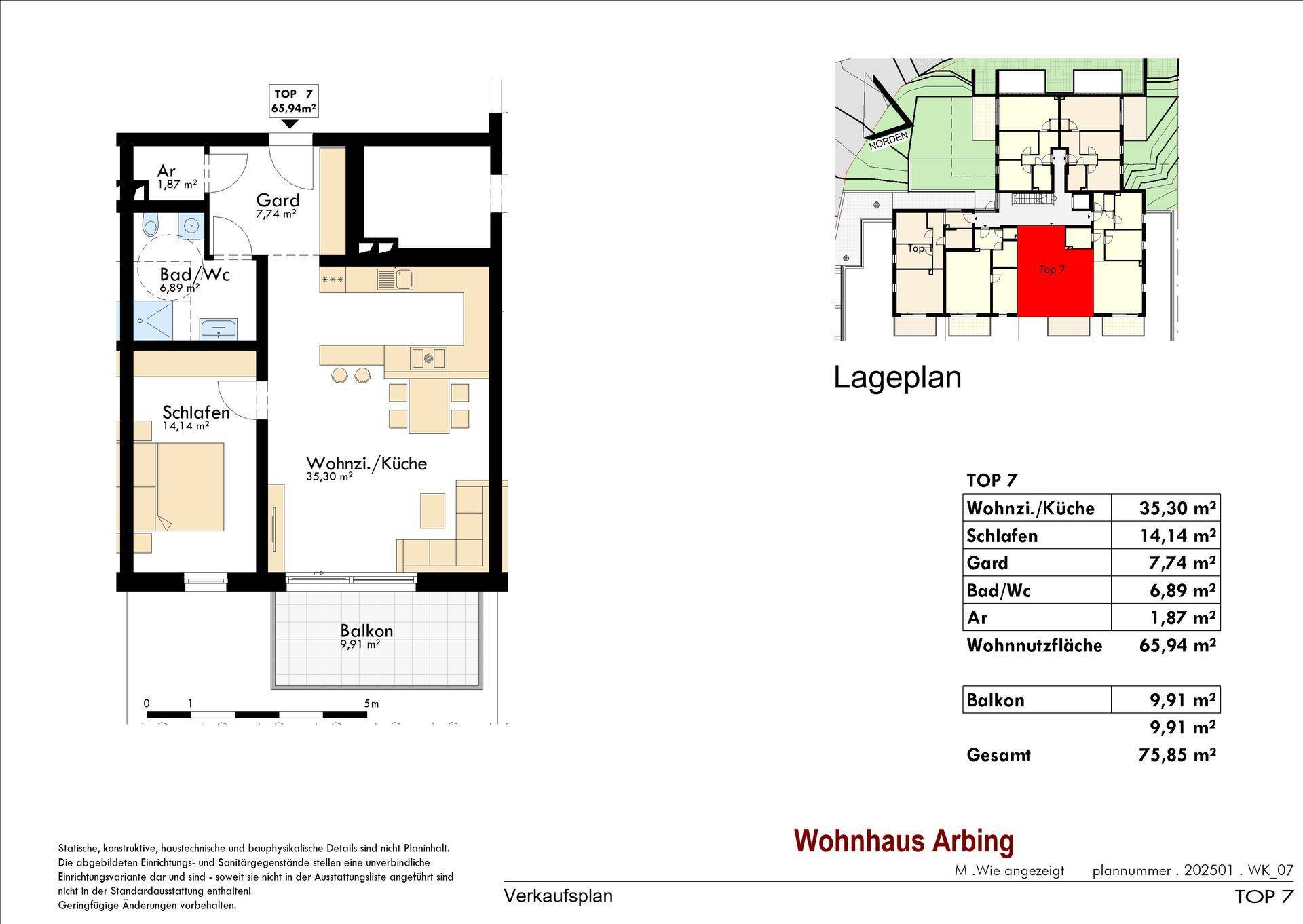 Grundriss der Wohnung Top 7 mit einem Schlafzimmer, offenem Wohnbereich und Balkon.
