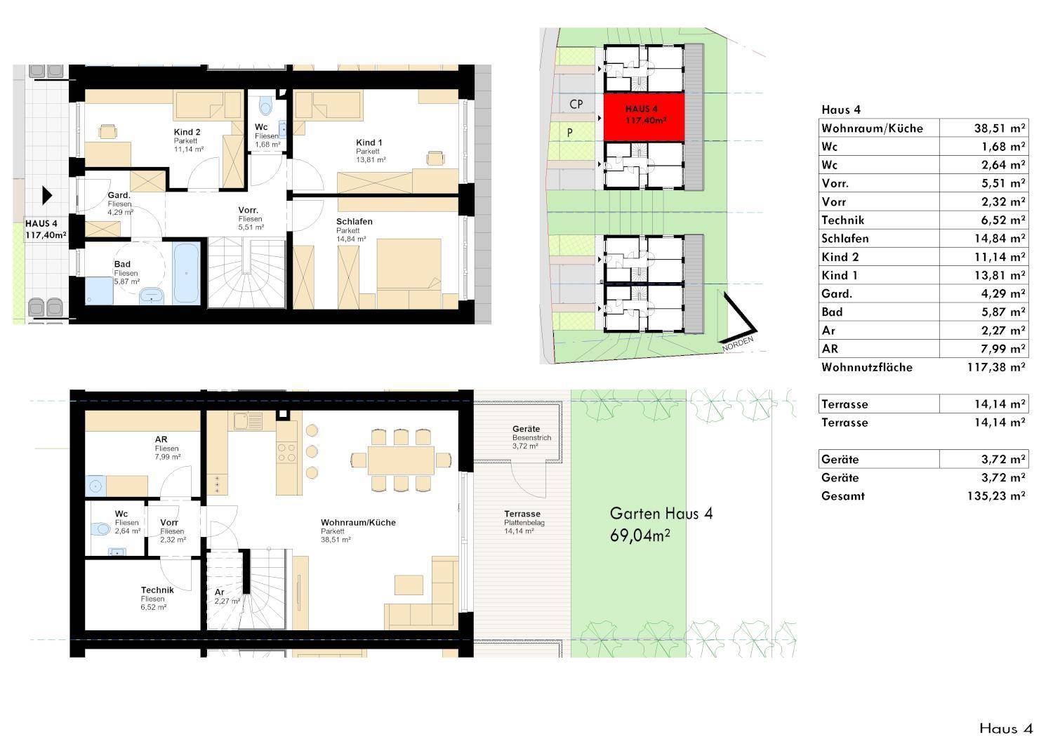 Grundrisspläne eines Hauses mit offenem Wohnbereich, Terrasse, Garten und mehreren Schlafzimmern.