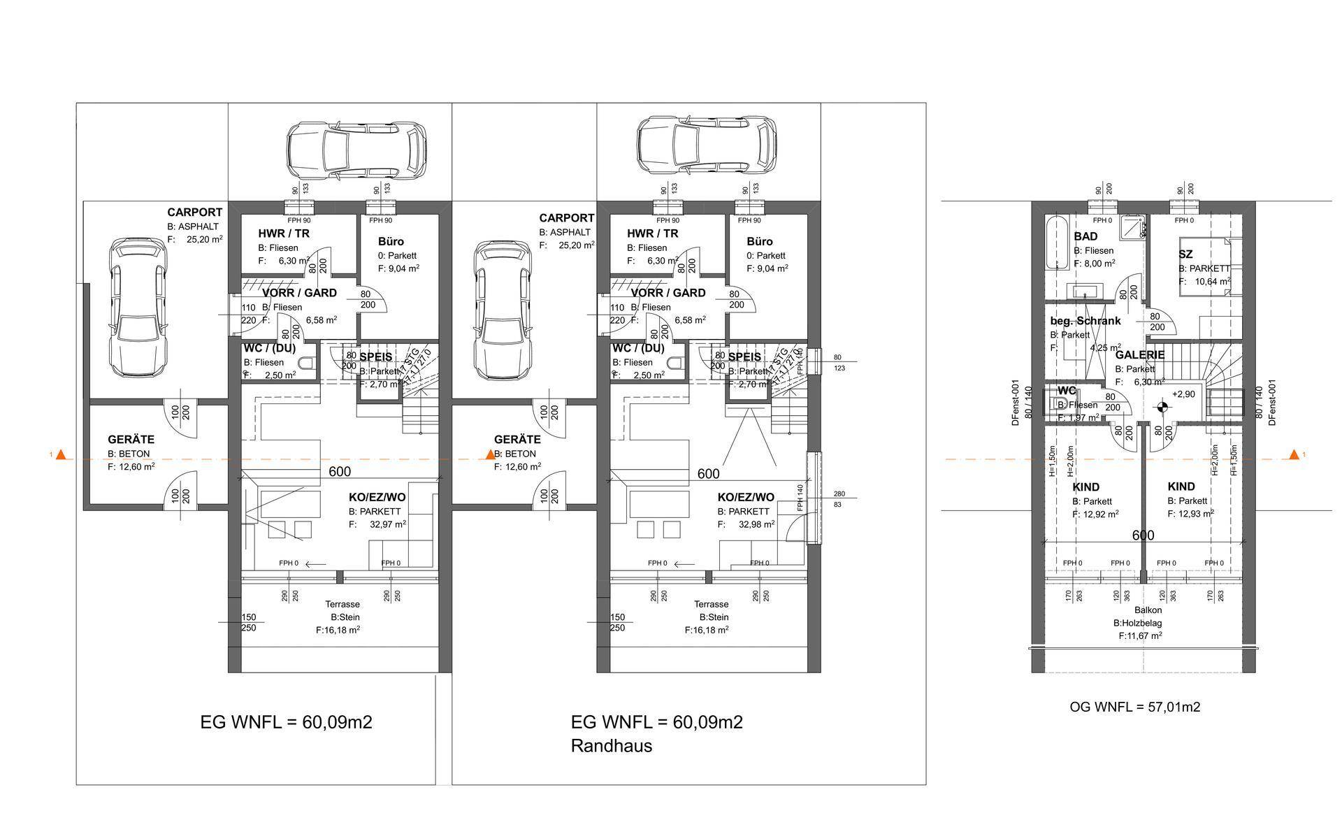 Detaillierter Grundriss von zwei Doppelhaushälften mit Erdgeschoss und Obergeschoss, inklusive Carport.
