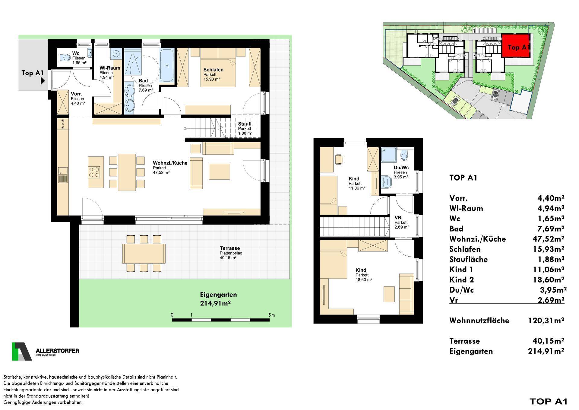 Detaillierter Grundriss der Wohnung Top A1 mit Garten, Terrasse und mehreren Zimmern.