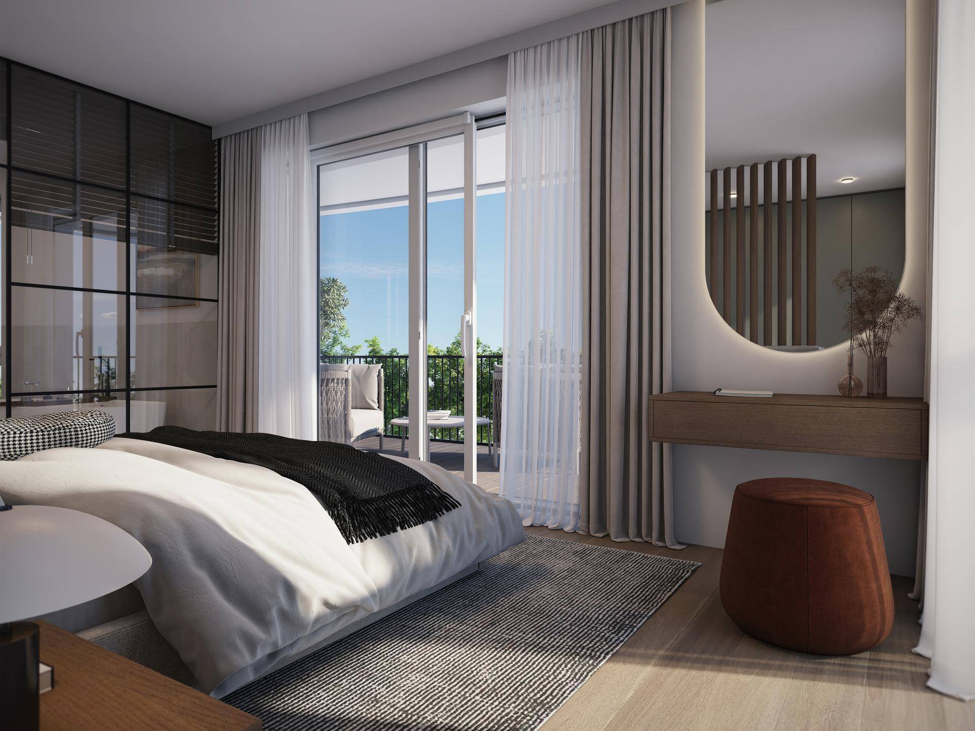 Helles Schlafzimmer mit Balkonzugang, Holzboden und modernem Schminktisch.