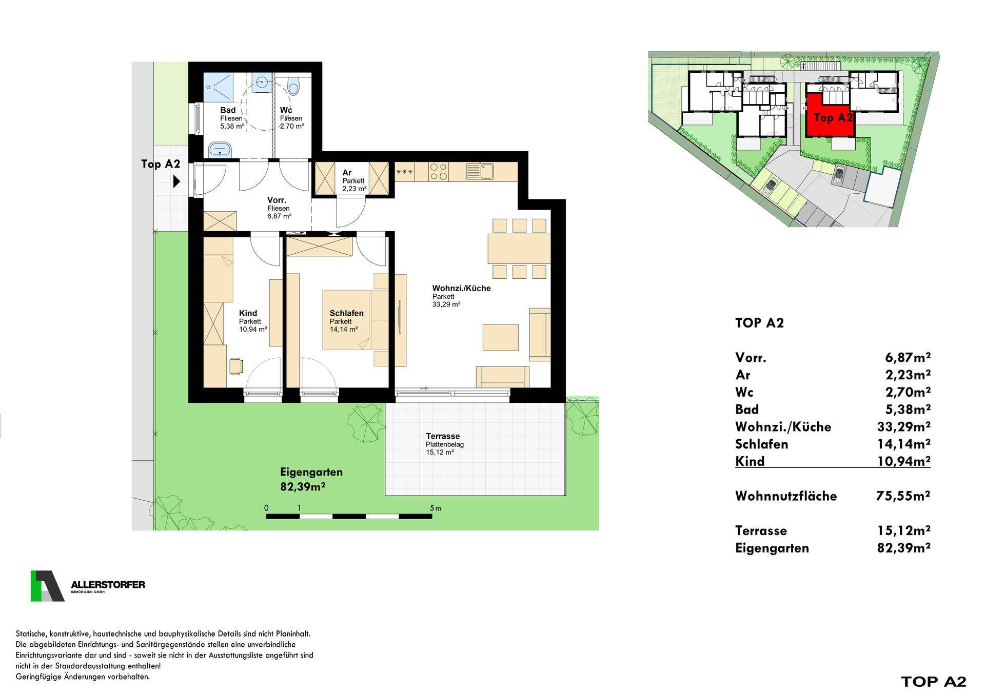 Grundriss für Top A2 mit Wohnküche, zwei Schlafzimmern, Bad, WC, Terrasse und eigenem Garten.