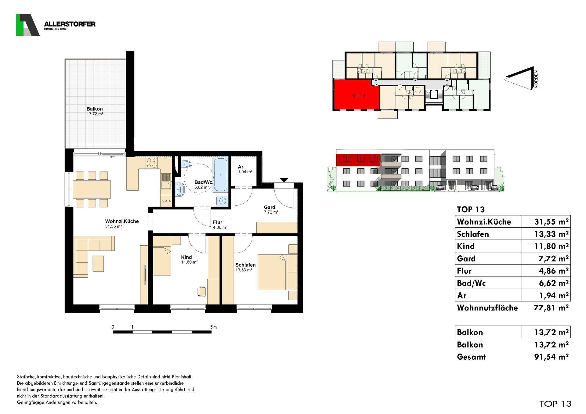 Detaillierter Grundriss einer Wohnung mit Balkon, drei Zimmern und offener Wohnküche.