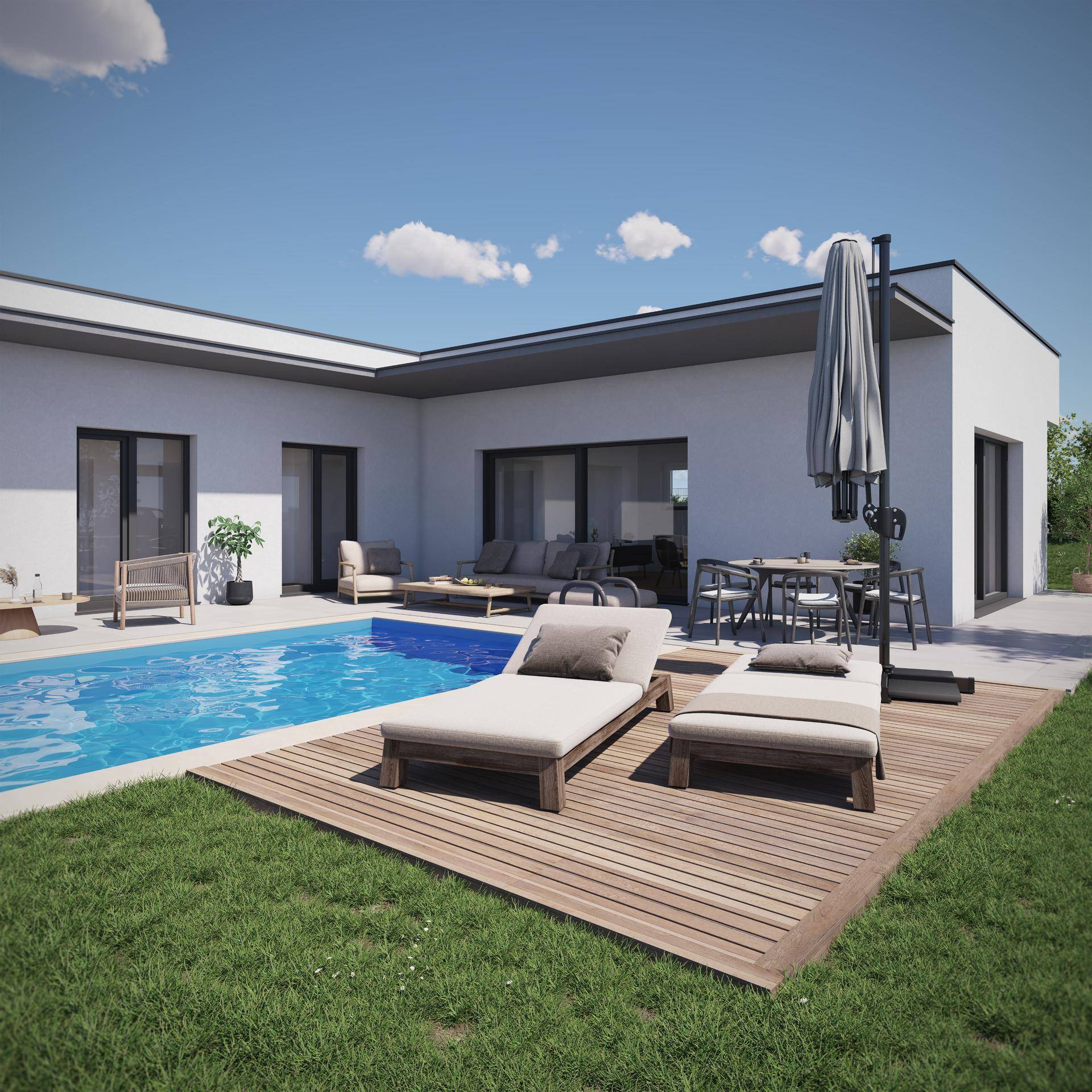 Hinteransicht der modernen Villa mit Pool, Holzdeck und gemütlicher Lounge-Ecke im Freien.