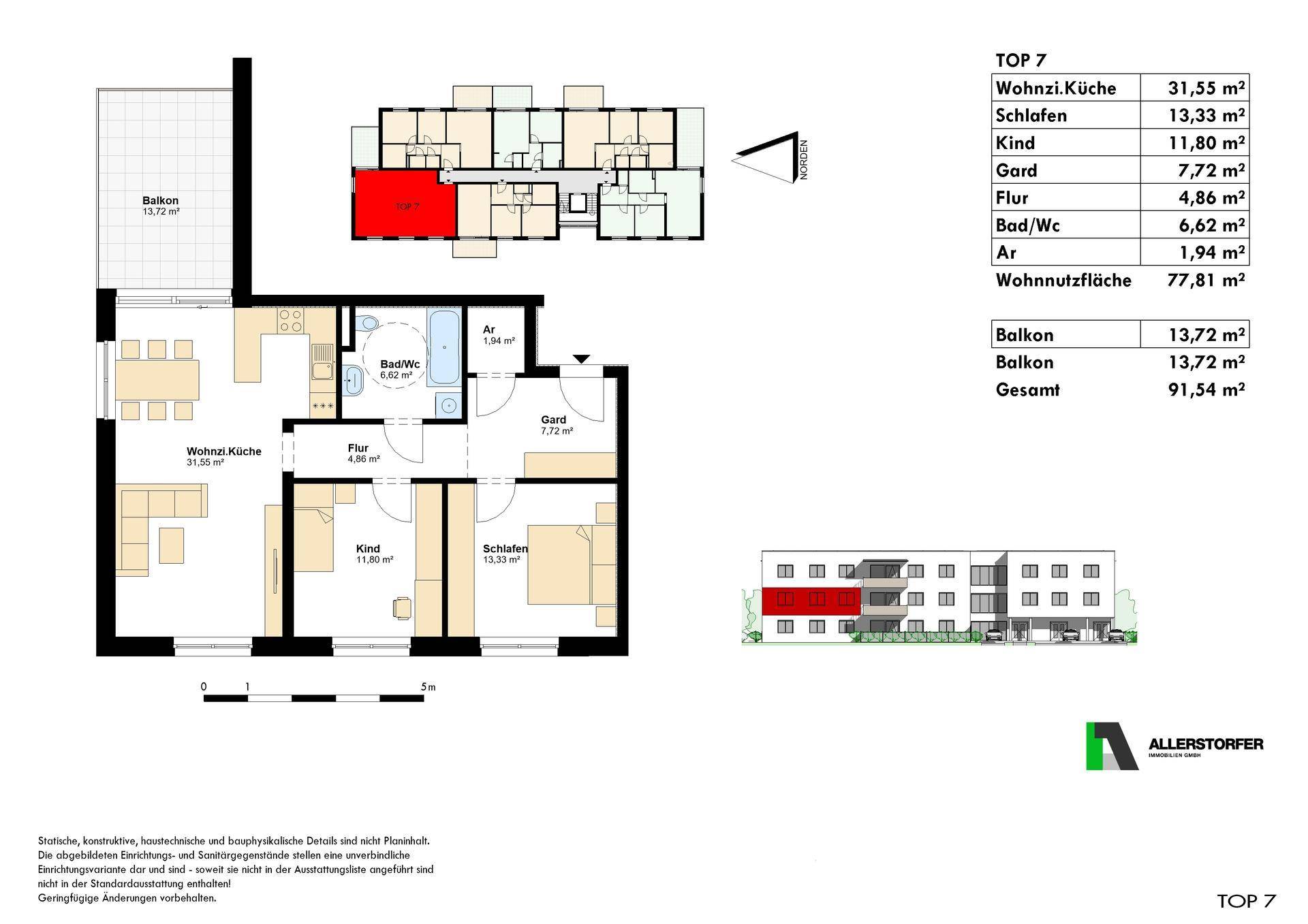 Grundriss der Wohnung TOP 7 mit offenem Wohn-Küchenbereich, zwei Schlafzimmern und Balkon.
