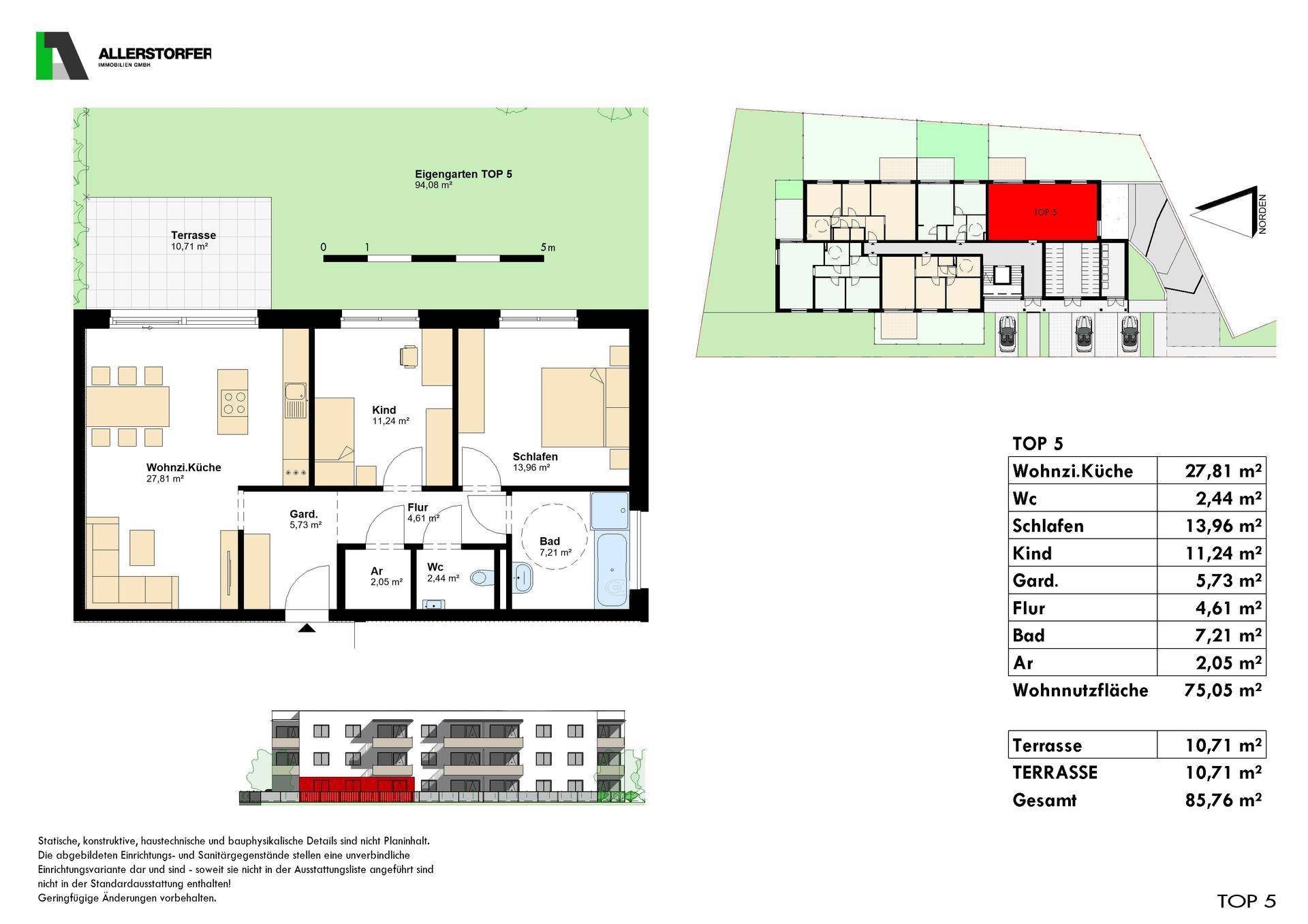 Grundriss der Wohnung TOP 5 mit Terrasse, Garten und offener Wohnküche.