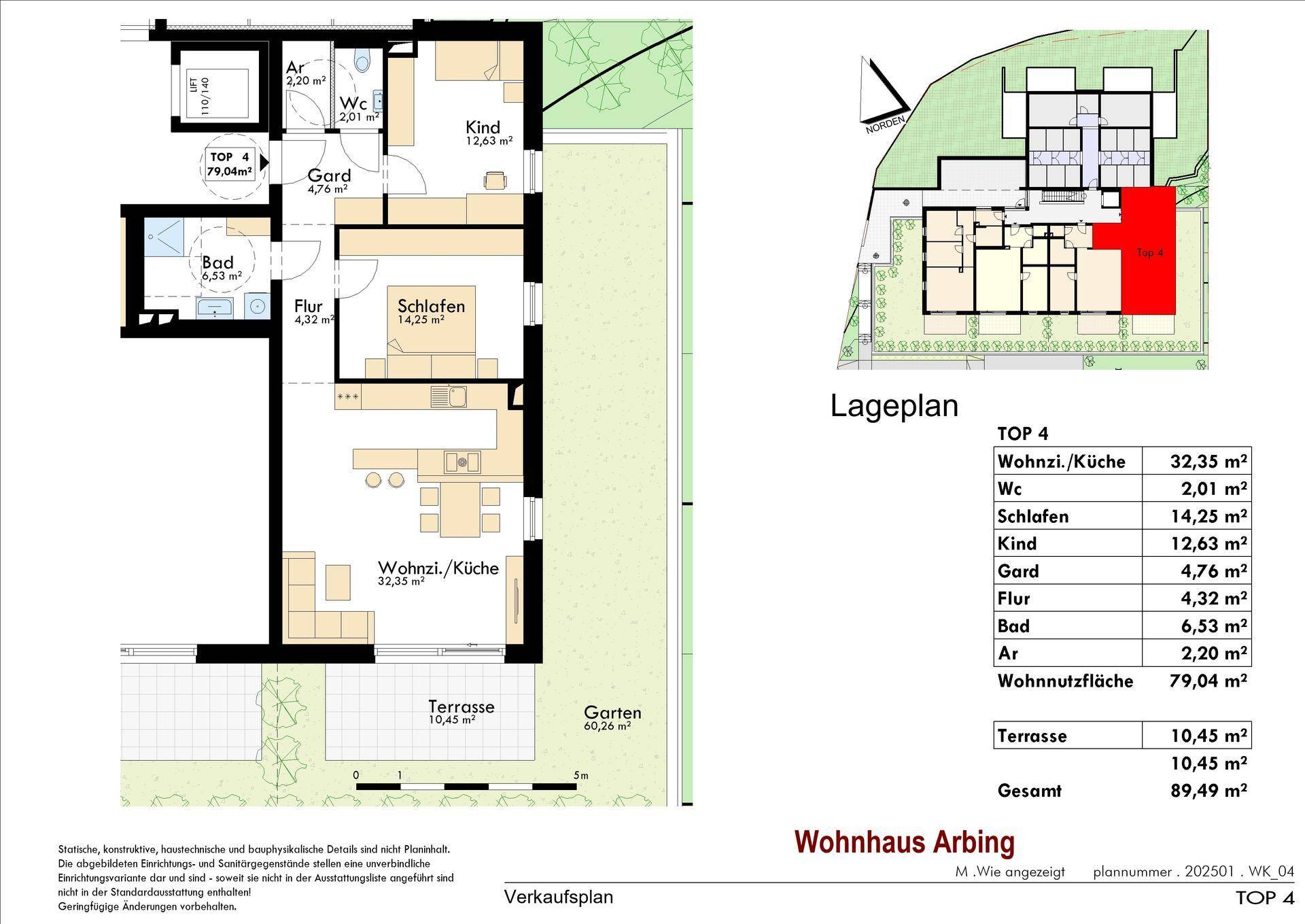 Detaillierter Grundriss einer Wohnung mit offener Wohnküche, Terrasse und Gartenanteil.
