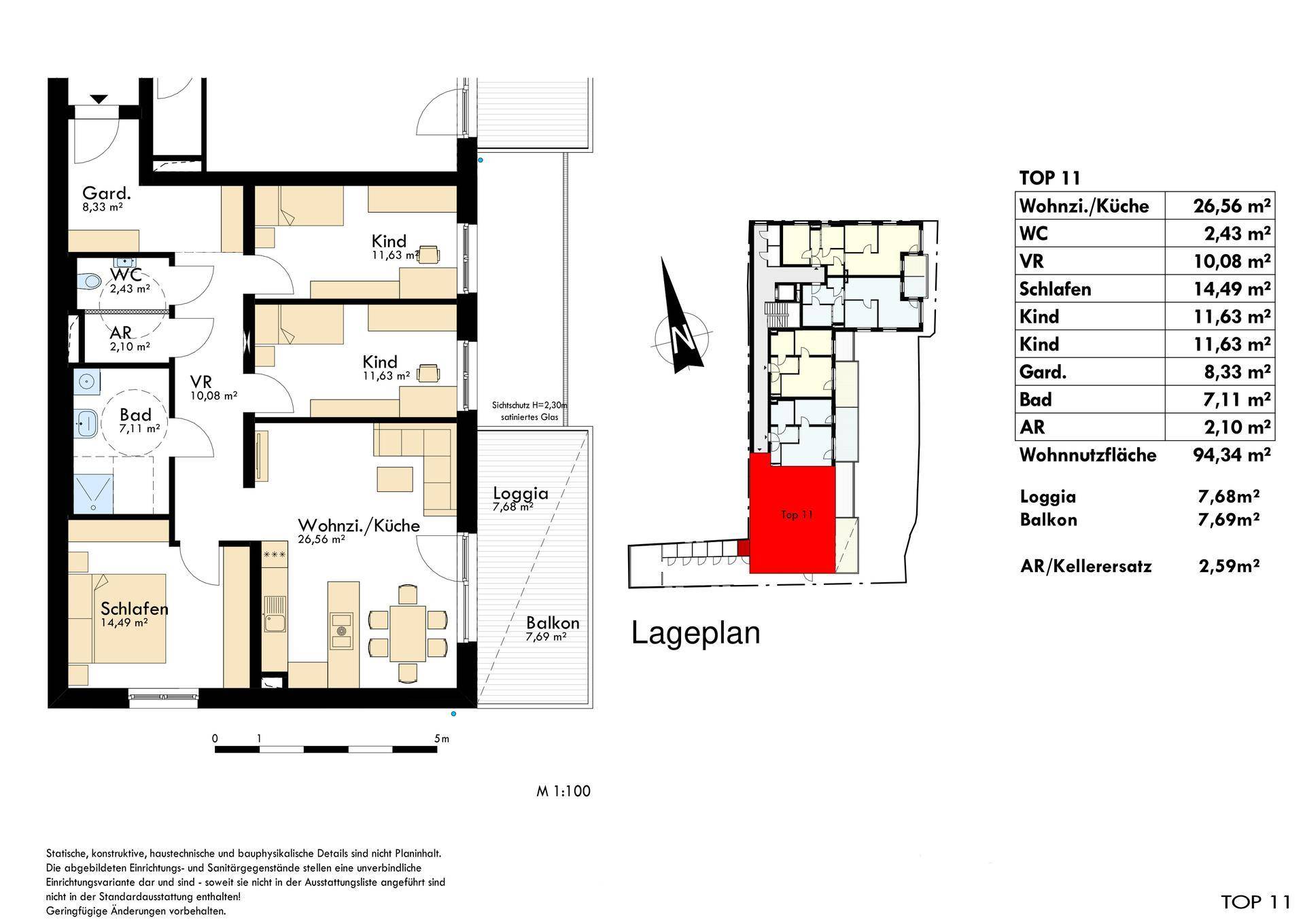 Detaillierter Grundriss der Wohnung Top 11 mit offenem Wohn-/Küchenbereich, Schlafzimmern und Loggia.