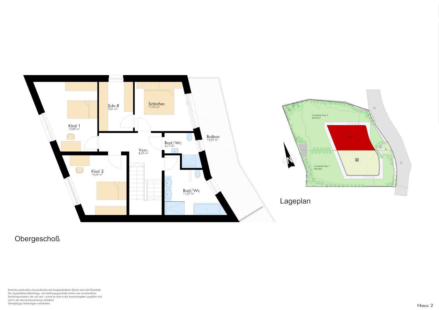 Grundriss des Obergeschosses mit Schlafzimmern, Bädern und Balkon, inklusive Lageplan.