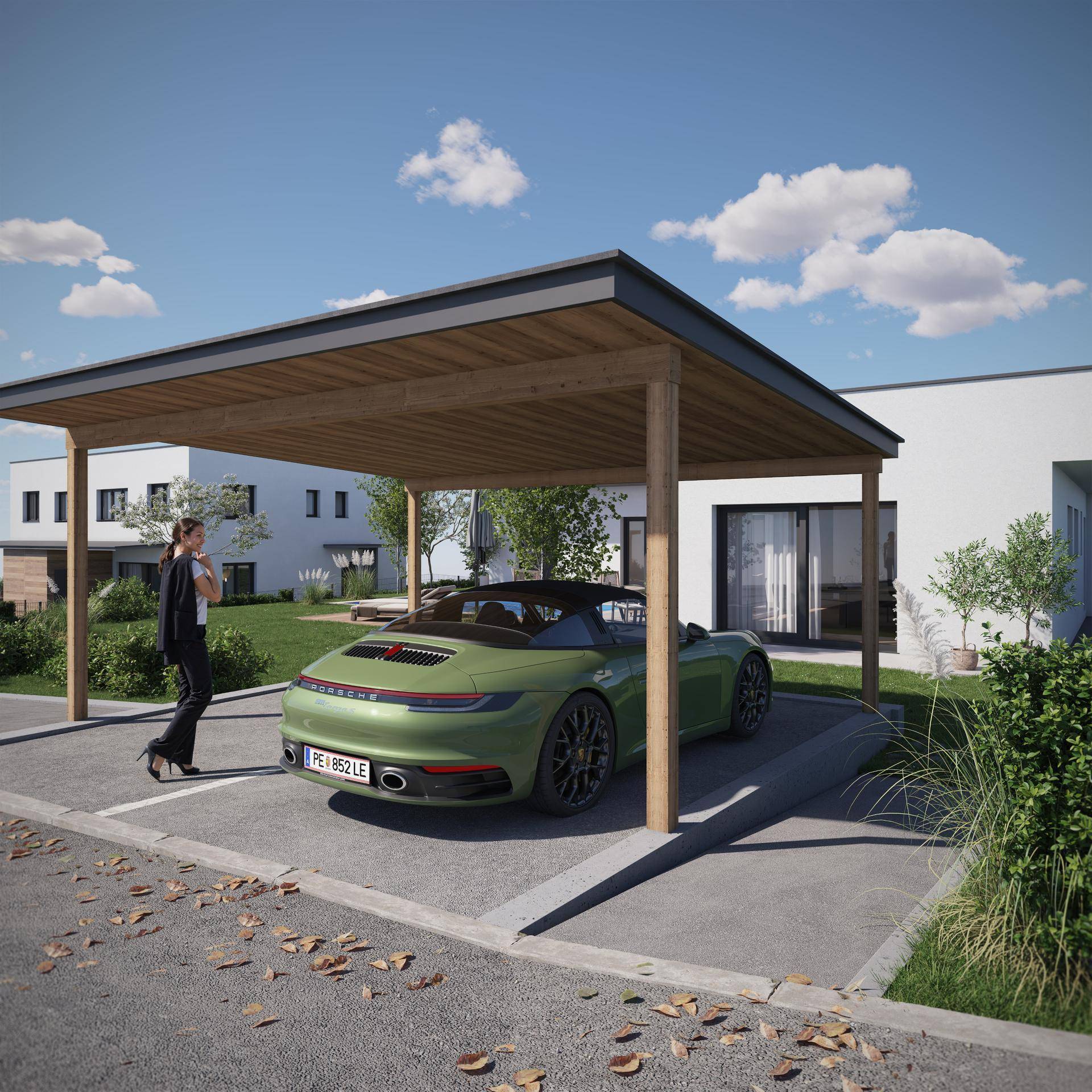 Moderner Carport mit Holzkonstruktion und einem Sportwagen auf dem Stellplatz.
