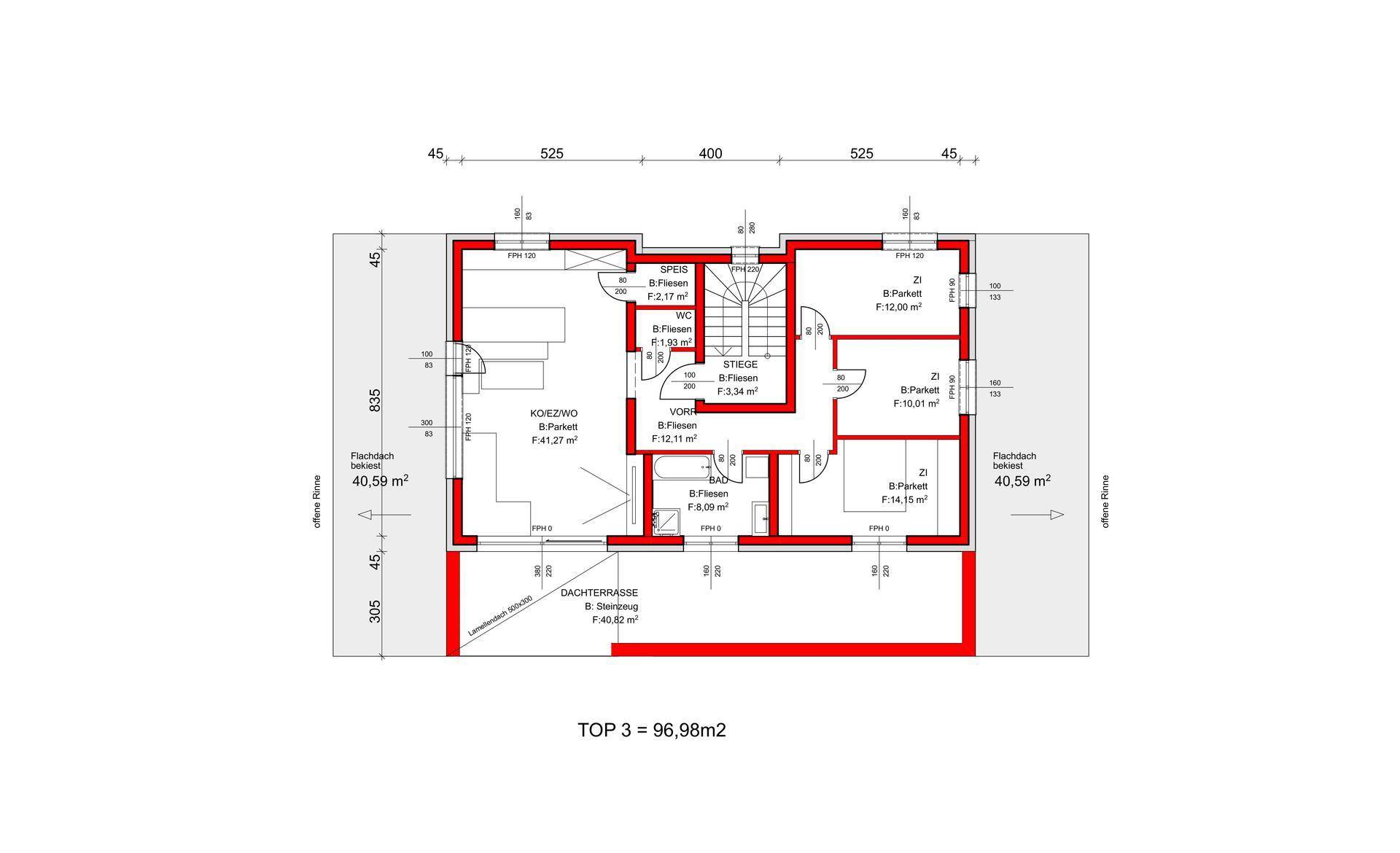 Grundrissplan einer Wohneinheit mit Dachterrasse, Balkon und verschiedenen Zimmern.