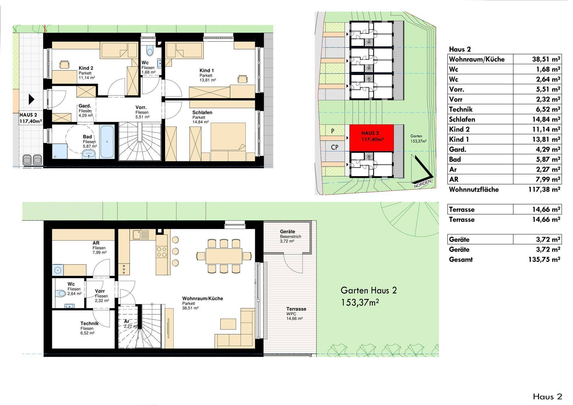 Grundriss von Haus 2 mit zwei Etagen, Terrasse und Gartenbereich.