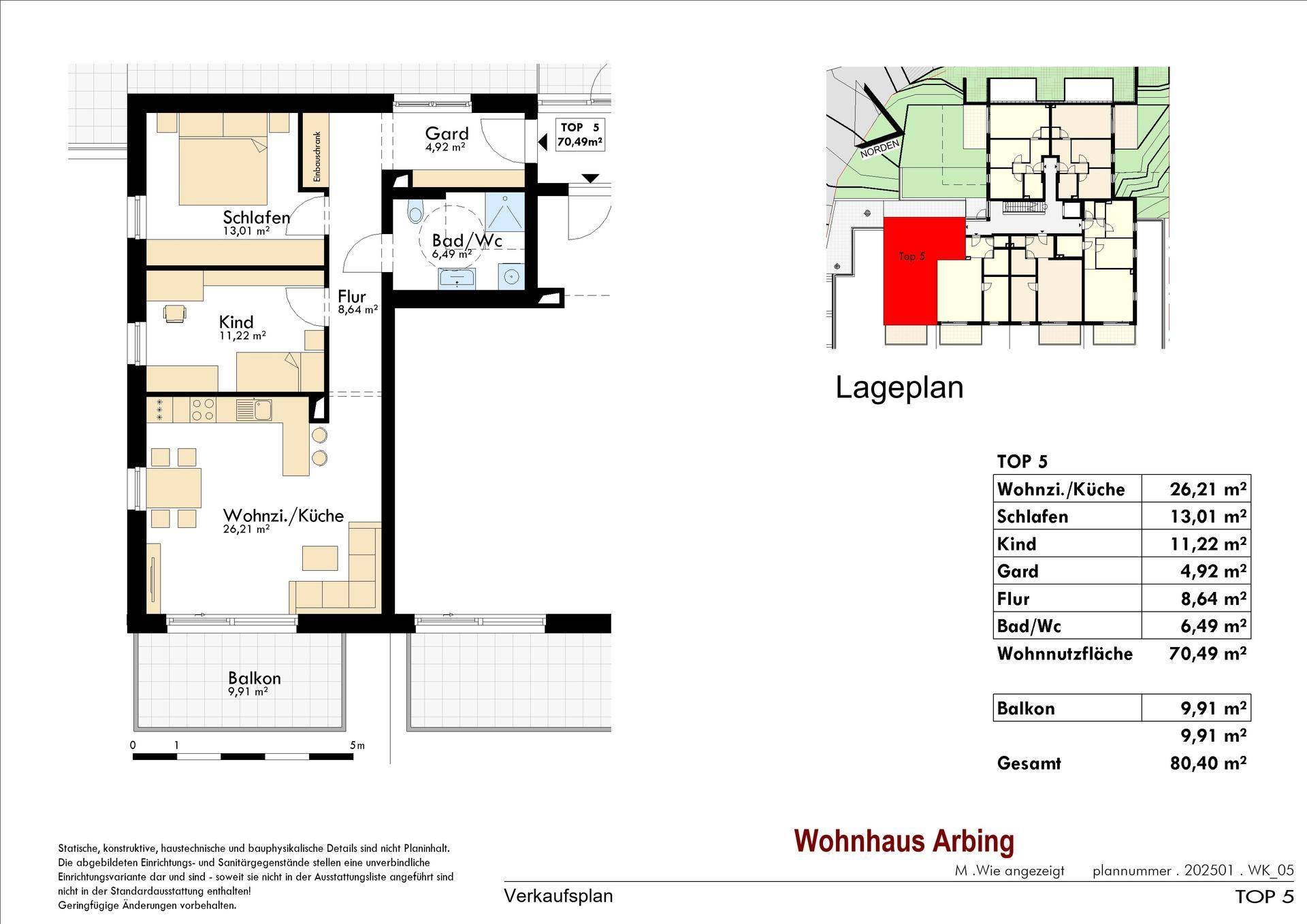 Grundriss einer Wohnung mit Schlafzimmer, Kinderzimmer, Wohnküche und Balkon.