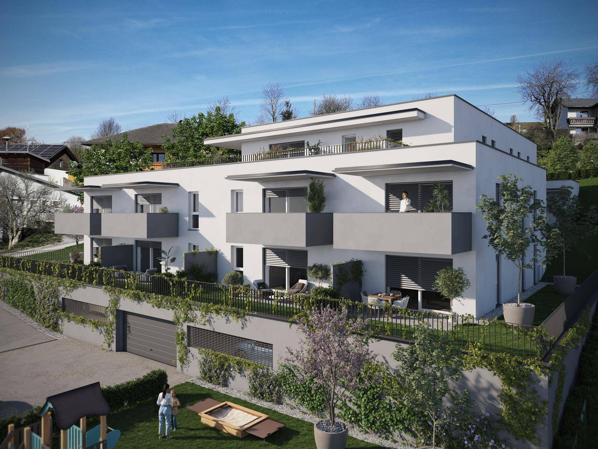 Architektonische Visualisierung einer modernen Wohnanlage mit mehreren Balkonen und Terrassen.