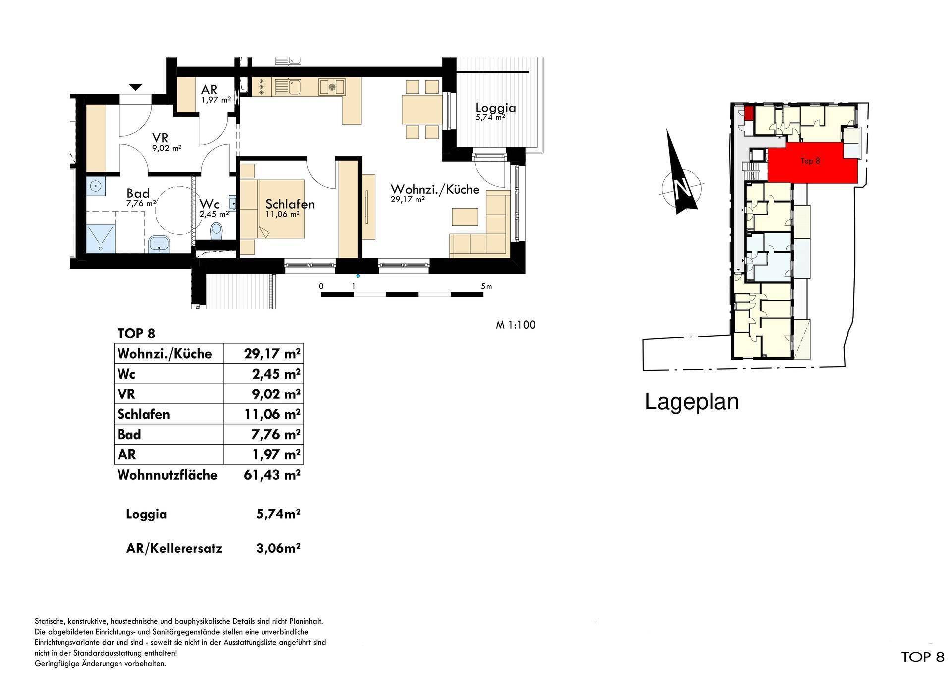 Detaillierter Grundriss der Wohnung TOP 8 mit Wohnküche, Schlafzimmer und Loggia.