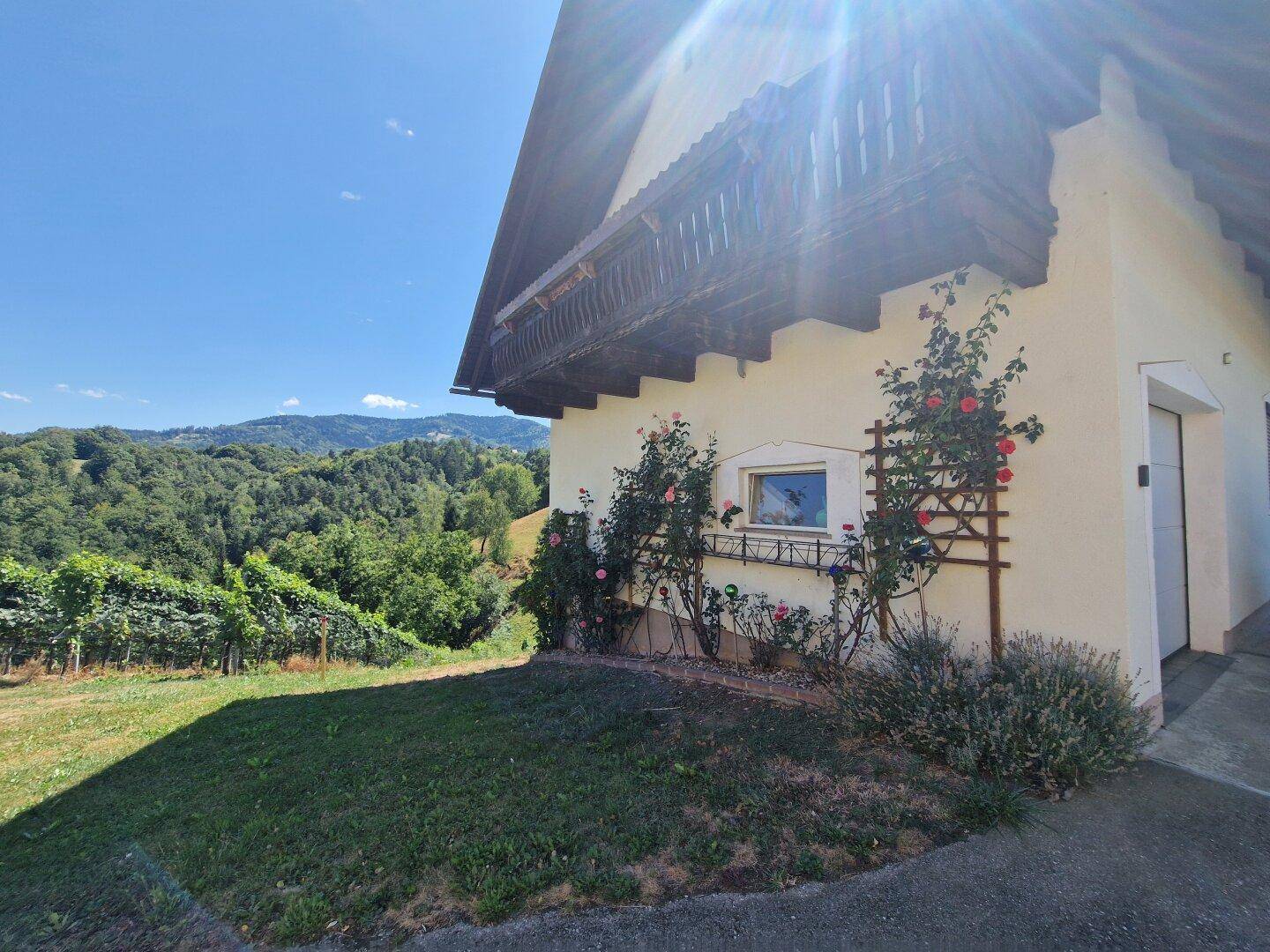 Seitenansicht des Hauses mit blühenden Rosen, einem Weinberg und malerischem Bergblick.