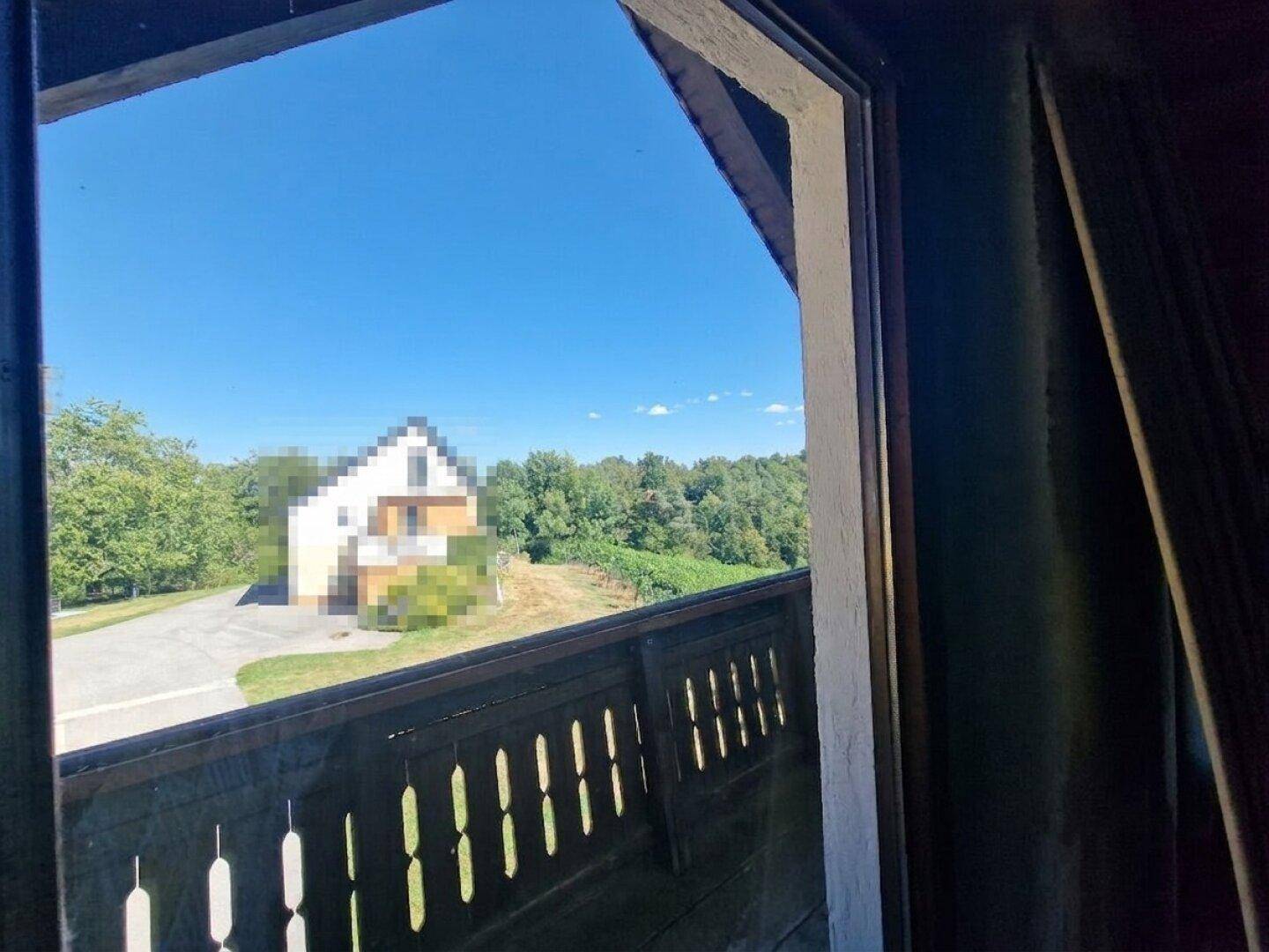 Blick von einem Balkon auf die umliegende Landschaft mit Bäumen und einem Weinberg.