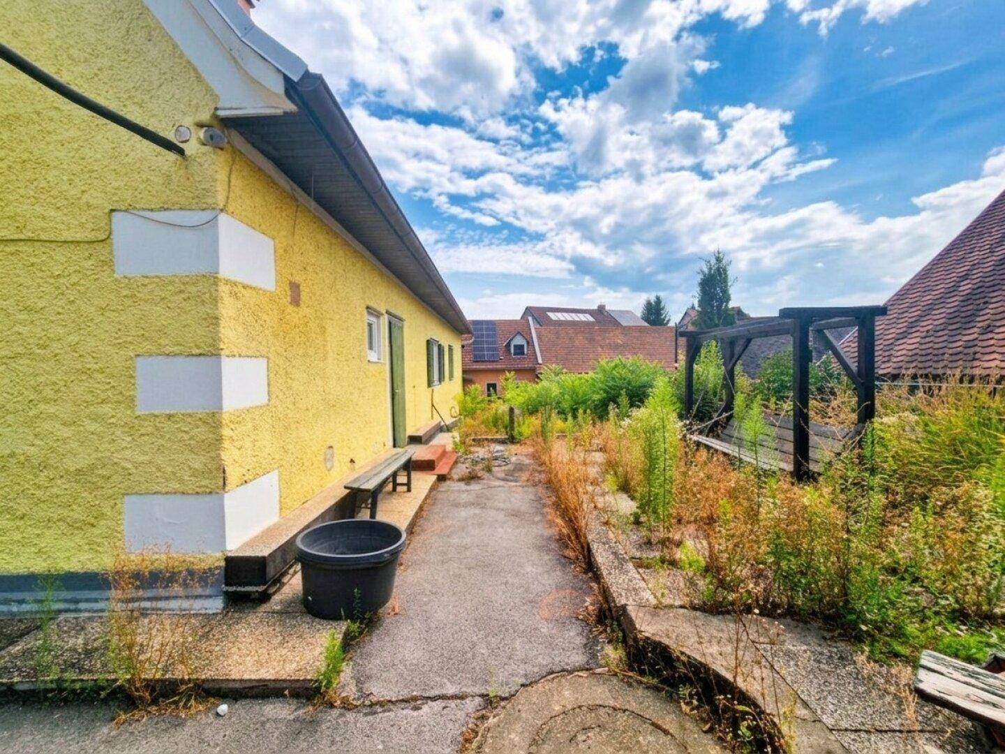 Seitenansicht des Hauses mit einem verwilderten Weg und Blick auf die Nachbarschaft.
