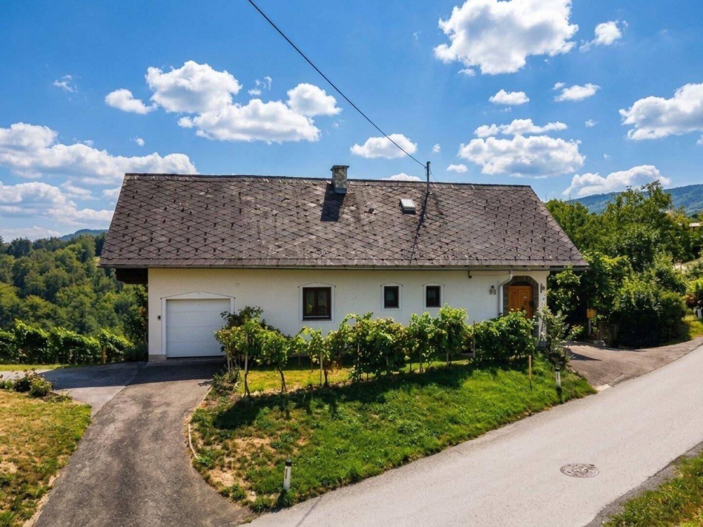 Luftaufnahme des Hauses mit Garage, Satteldach und umliegender Landschaft mit Weinbergen.